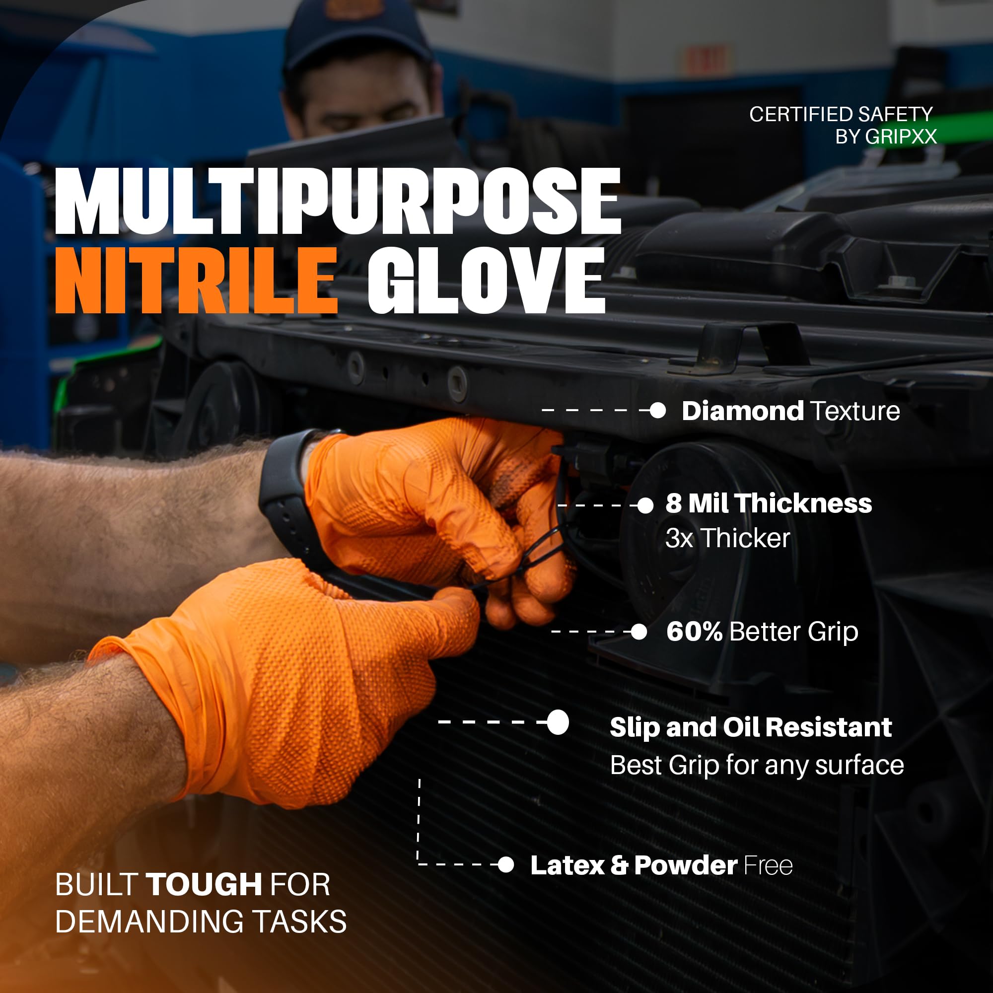 GRIPXX Herkules Grip - Guantes de nitrilo duraderos - Estructura de diamante elevada 3D - Sin látex y sin polvo - 8 mm - para mecánicos - Talla 2 - XXL