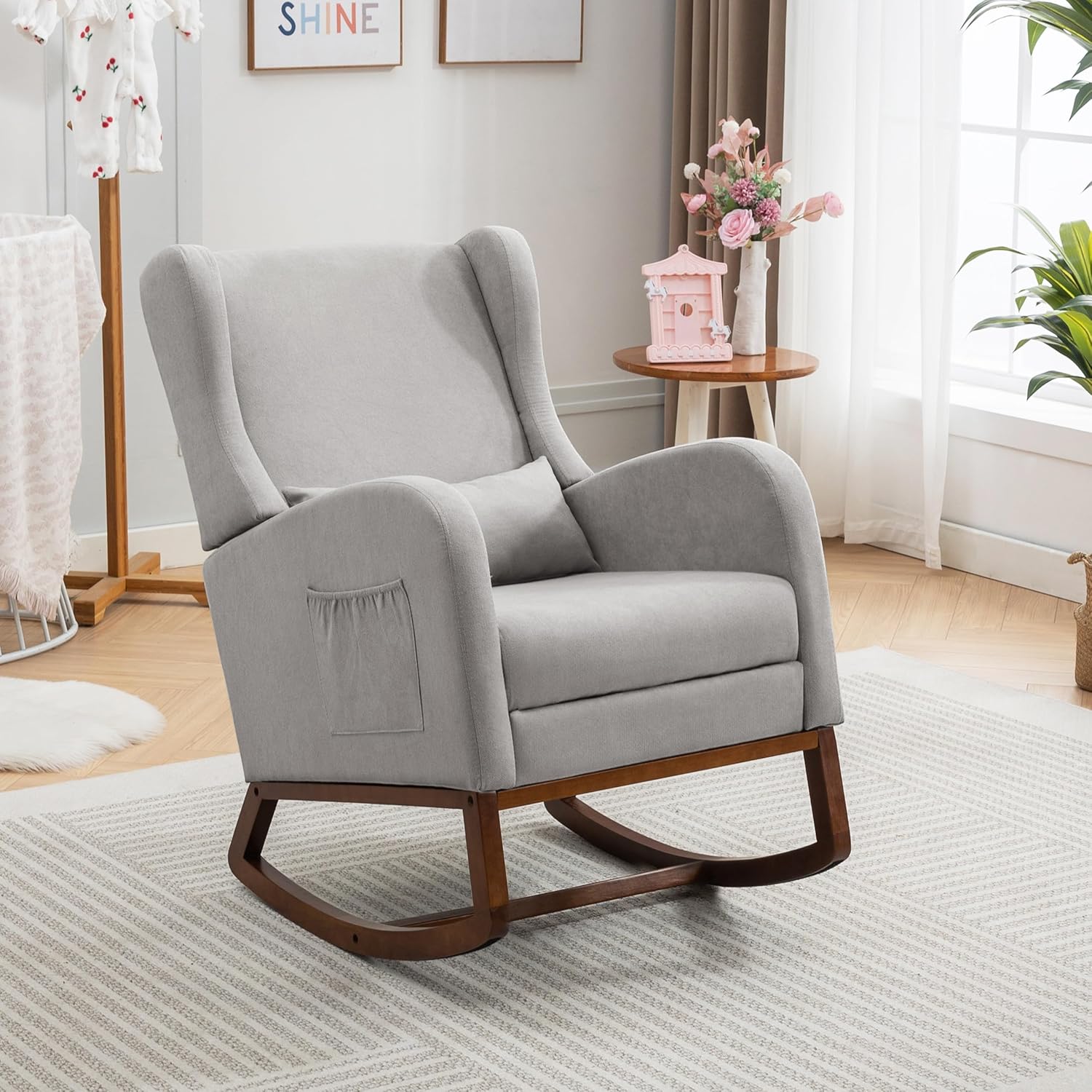 Close-up of the AYEASY Rocking Chair's side storage pocket