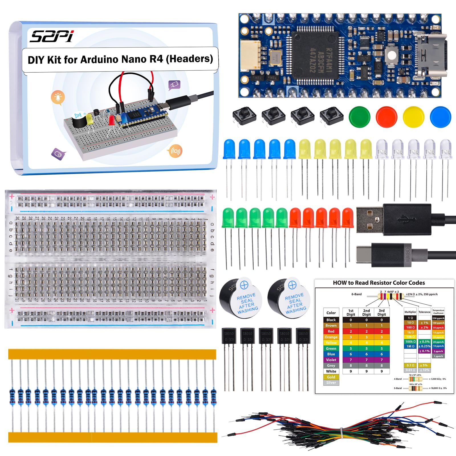 GeeekPi DIY Kit for Arduino Nano R4 with Headers, Beginner Electronics Learning Set, Includes Breadboard, LEDs, Resistors, Transistors,Push Buttons,Jumper Wires,USB-C Programming Cable,with Tutorial