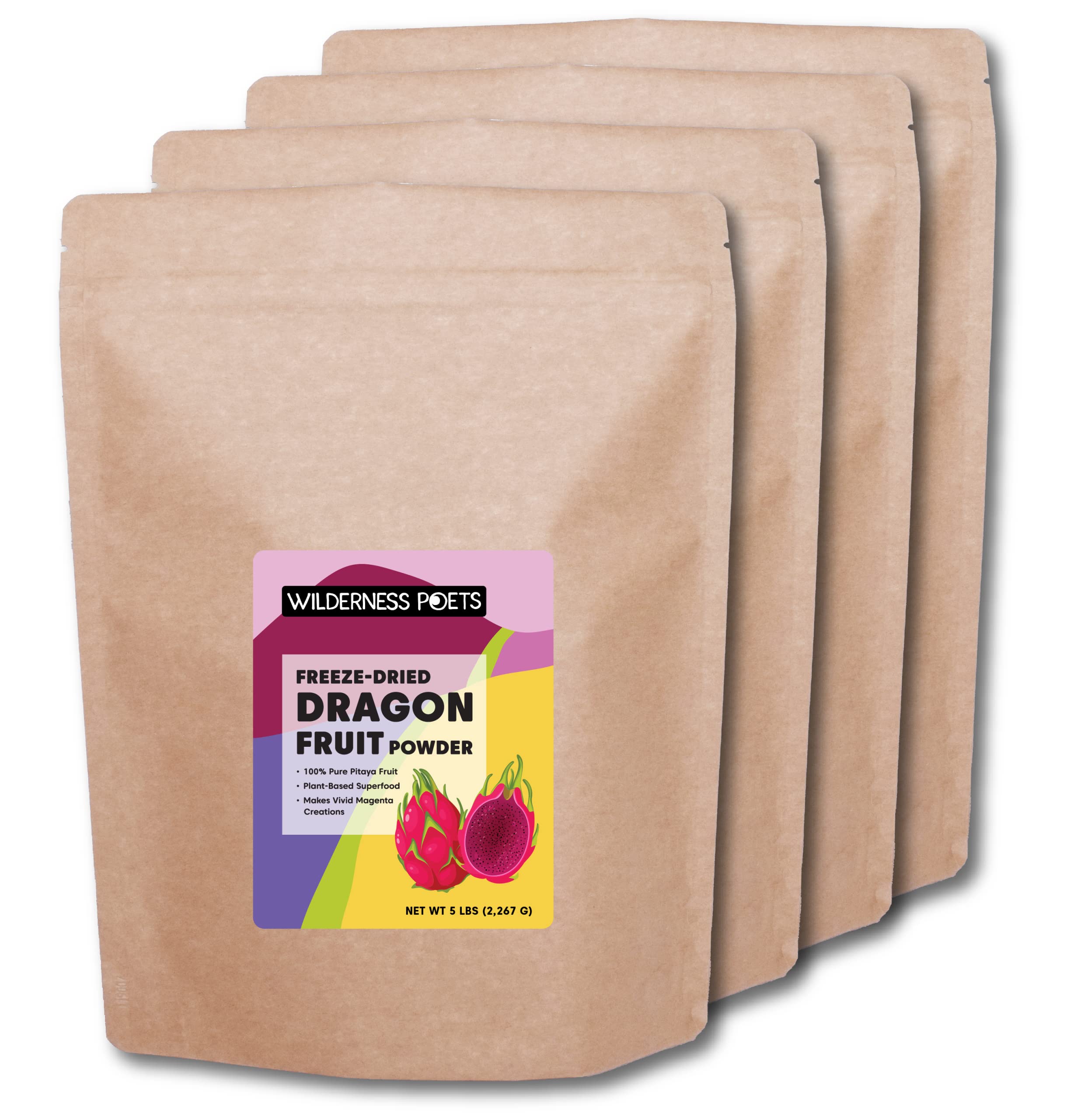 Wilderness Poets, Freeze Dried Dragon Fruit Powder - Pink Pitahaya, Pitaya - 5 Pound (Pack of 4)