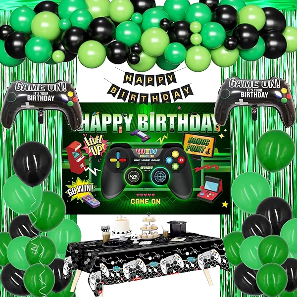 Video Game Happy Birthday Party Decorations Level Up Gaming Party Supplies Set for Boy with Balloons Garland kit Birthday Backdrop Gaming Foil Balloons Game On Balloon Banner and Curtains