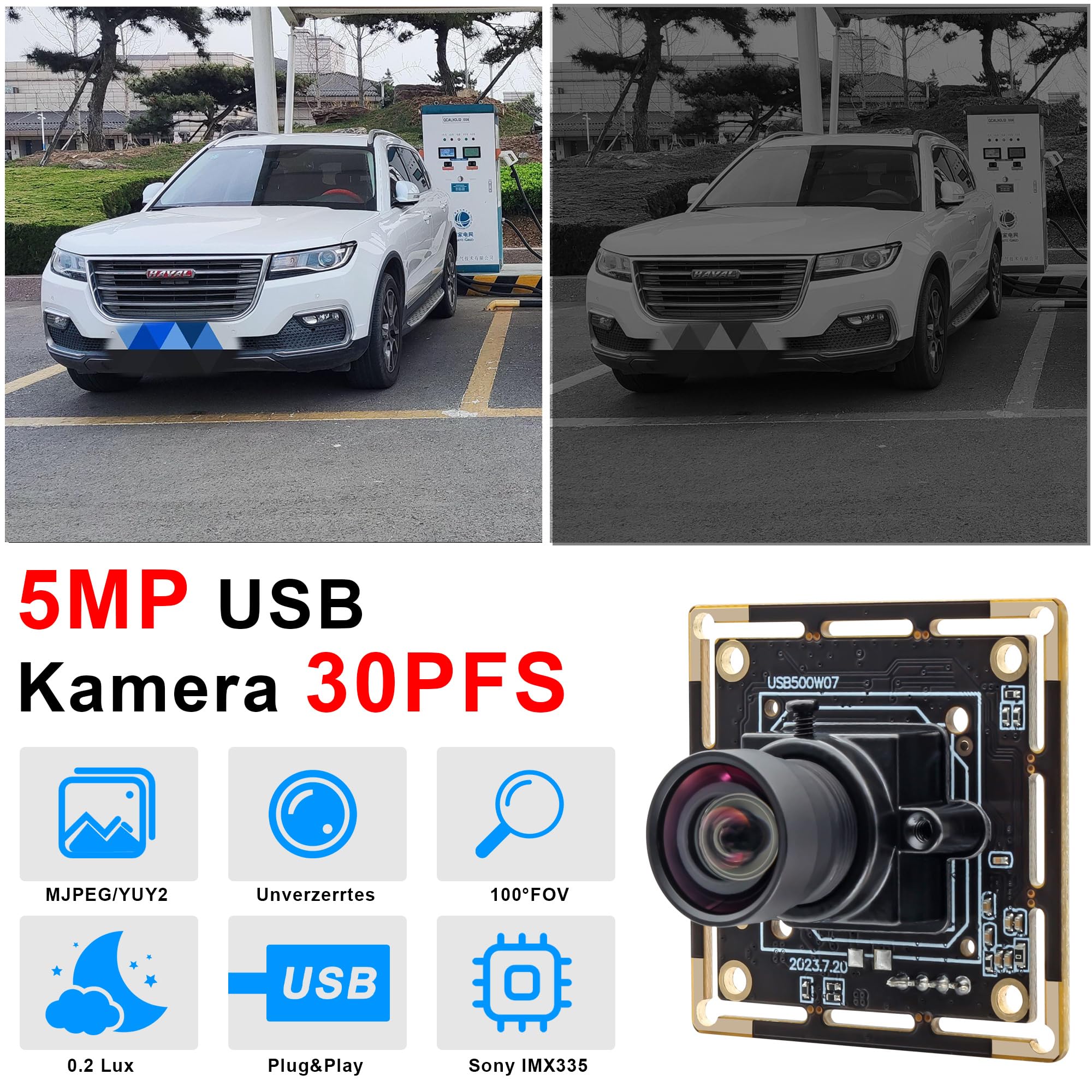 Svpro Módulo de cámara USB de 5 MP, gran angular, con sensor CMOS IMX335 de 1/2,8 pulgadas, 1944P, 30 fps, cámara de luz baja, UVC, Plug and Play, para cámara de salpicadero