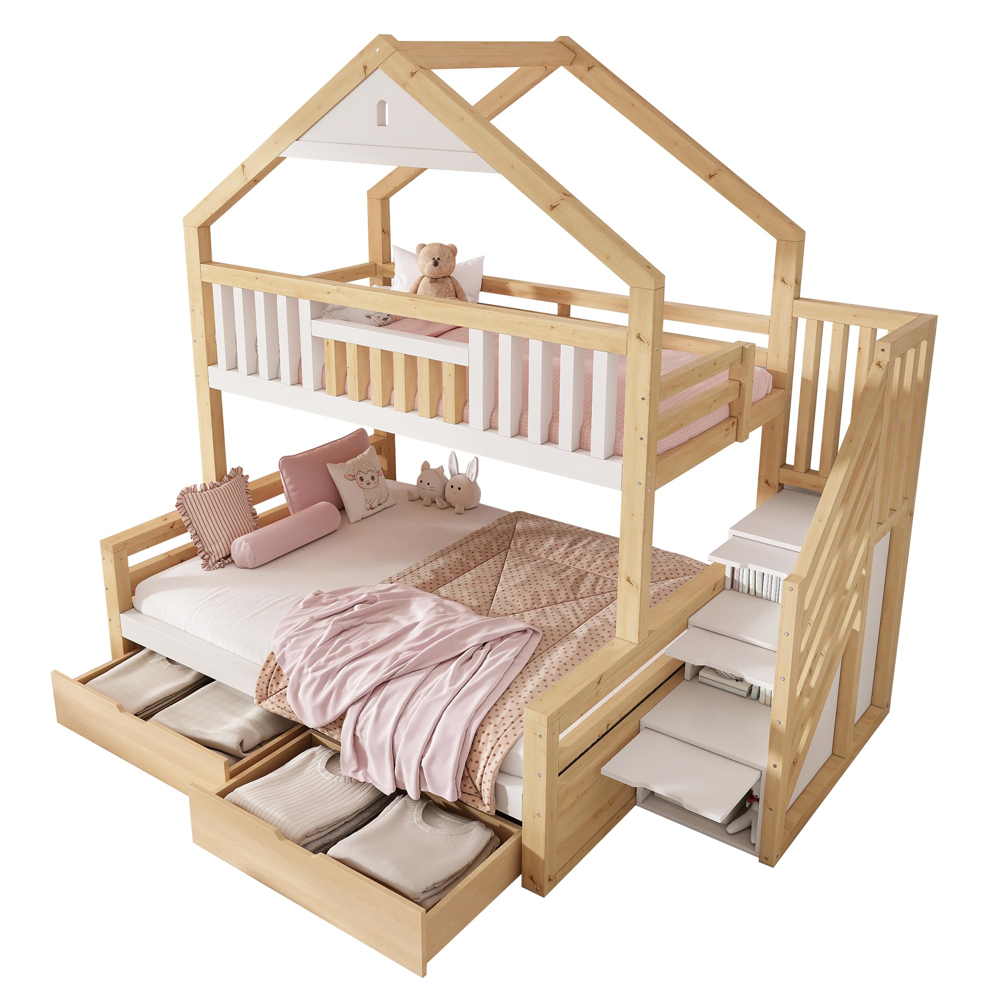 Shye Litera de madera con escalera, 2 cajones, techo a dos aguas, cama familiar, color blanco y roble (sin colchón)