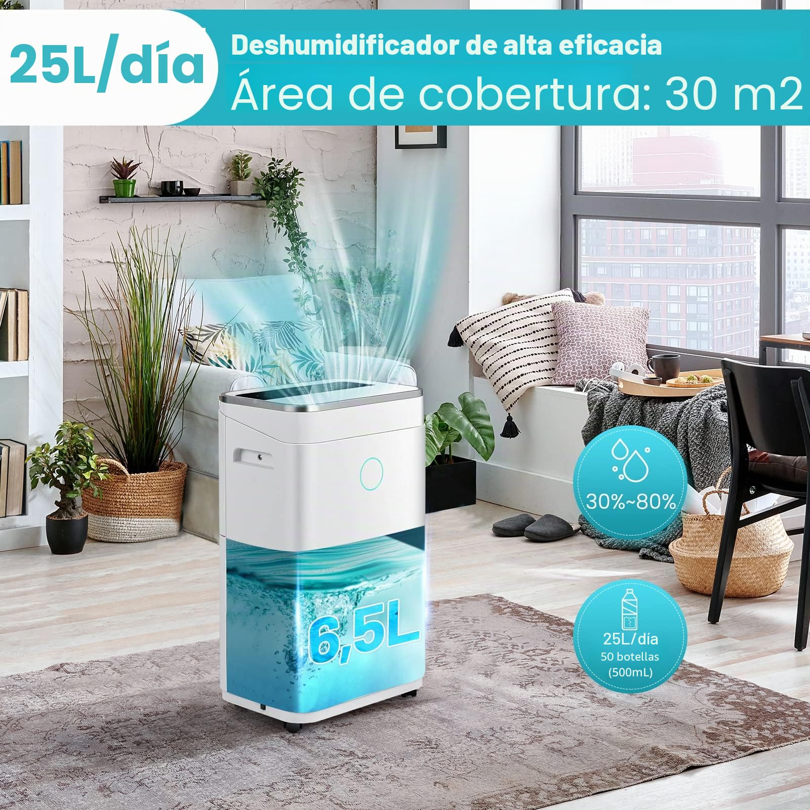 RELAX4LIFE Deshumidificador Portátil de 25L/24H para 50㎡ con Depósito de 6,5L, Deshumidificador de Aire con Función Secadora de Ropa, Ventilación de 2 Velocidades, 3 Modos y Temporizador 1-24H