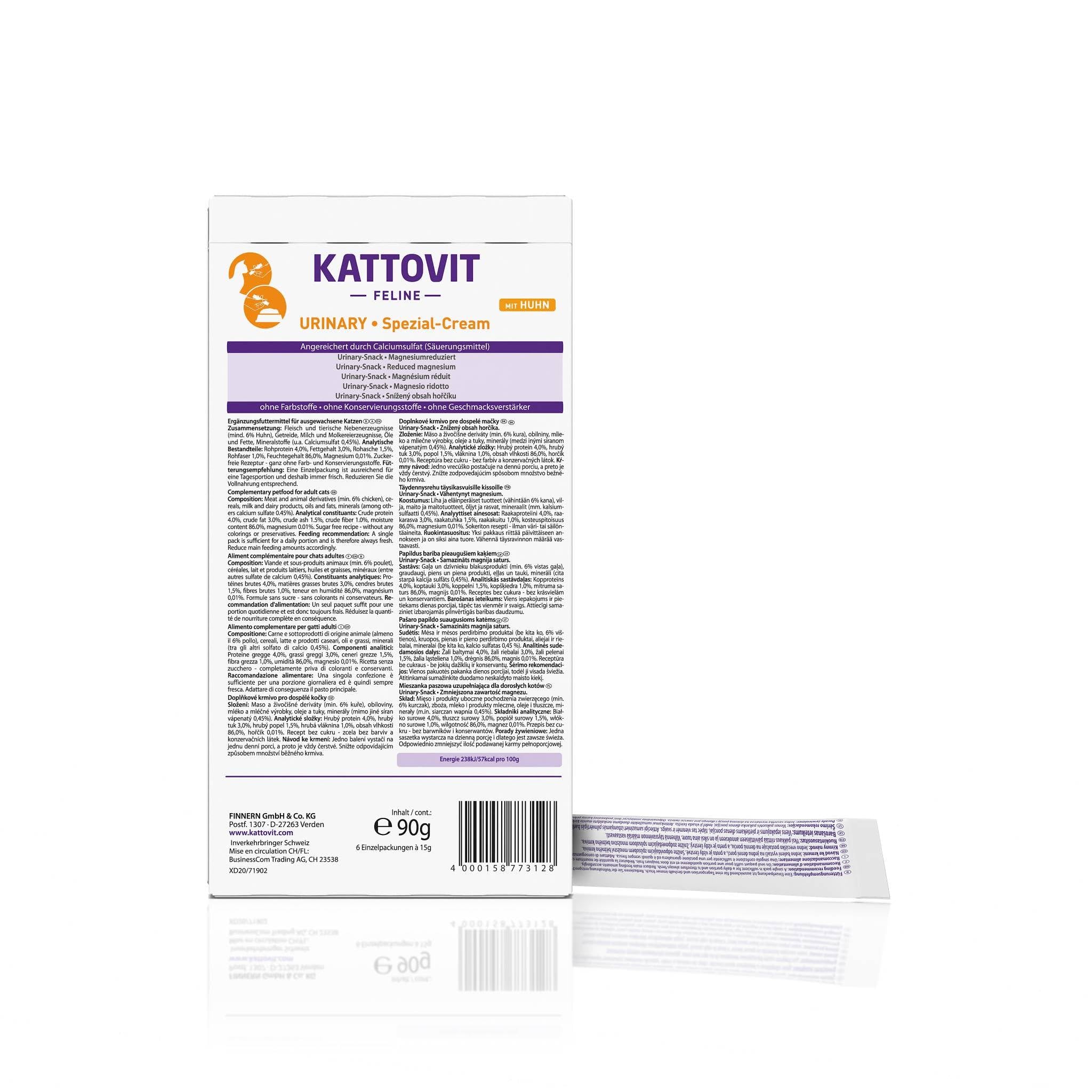 KATTOVIT - Crema urinaria per gatti | Snack dietetico per gatti arricchito da solfato di calcio, riduzione del magnesio. Per gatti adulti | Snack per gatti con pratica porzionamento | 11 x 6 x 15 ml