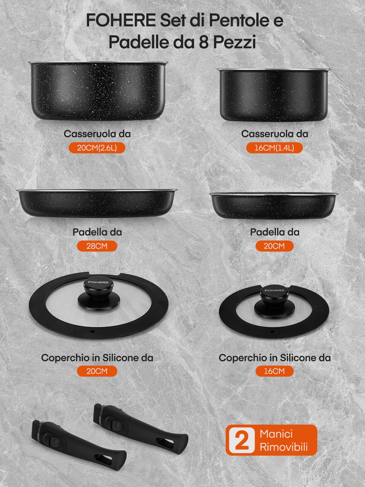 FOHERE Set di Pentole e Padelle da 8 Pezzi con 2 Manici Amovibili e 2 Coperchi, Padella 20/28cm, Casseruola 16/20cm, Antiaderenti di Pentole, Alluminio, Adatto Induzione,Lavastoviglie, Gas e Forno