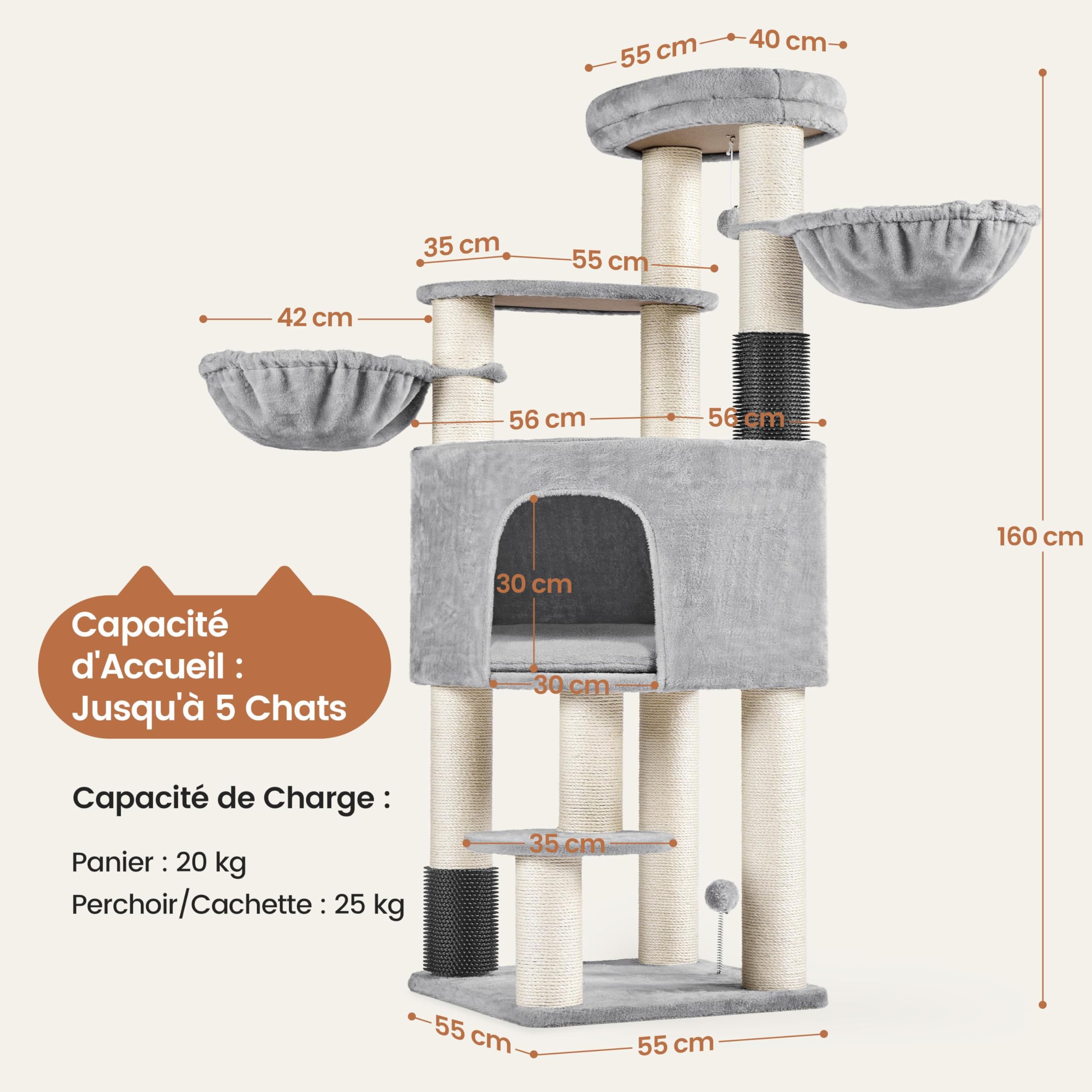 Abician Arbre à Chat XXL, Tour de Jeux pour Chat 25 KG, 56×56×160 cm, avec Griffoirs/Grande Niche/2 Panier/Perchoir/2 Jouets, Poteaux en Sisal 11 cm Ø Gris Clair/Beige