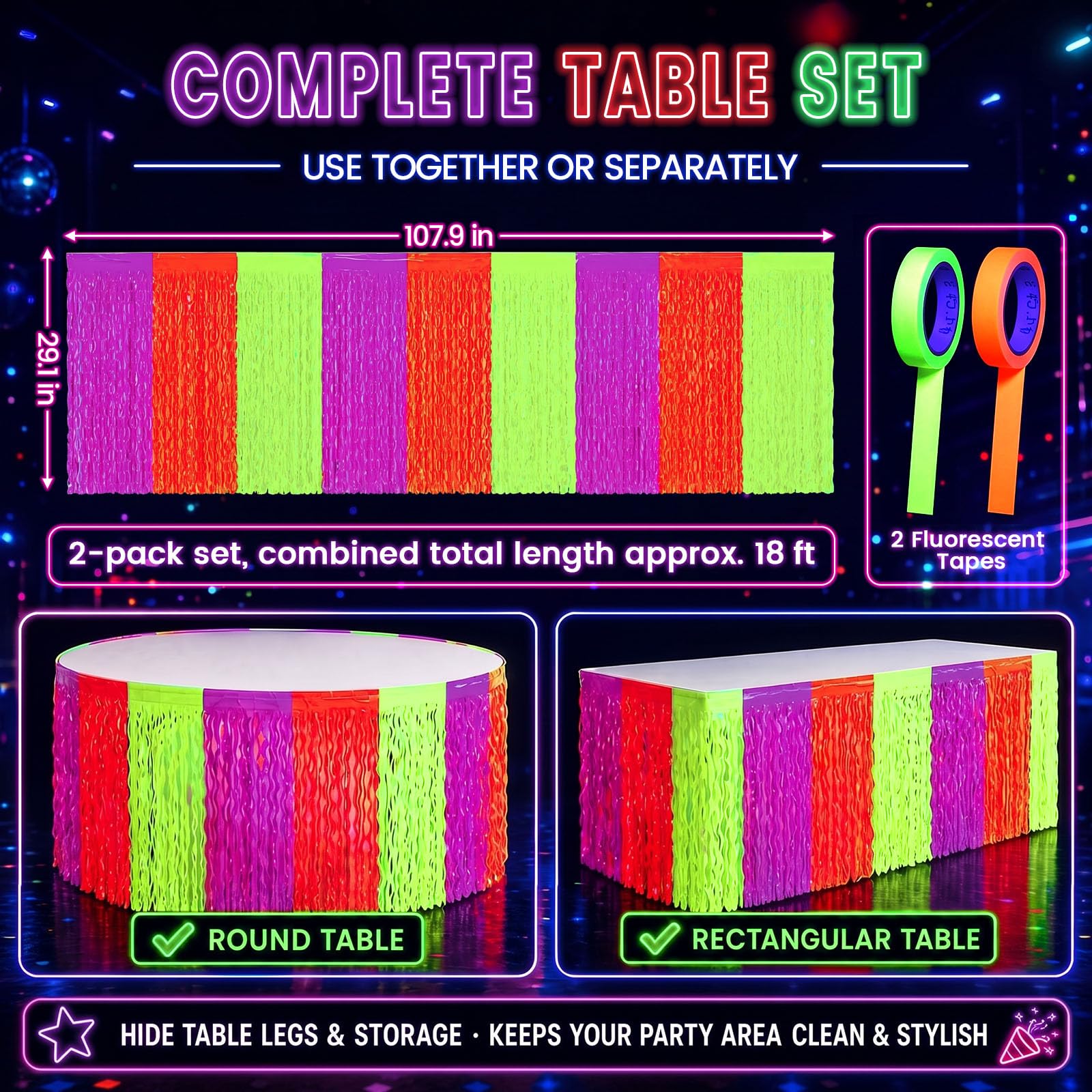 LovesTown 2 Pack Neon-Themed Table Skirts with 2 Fluorescent Tapes