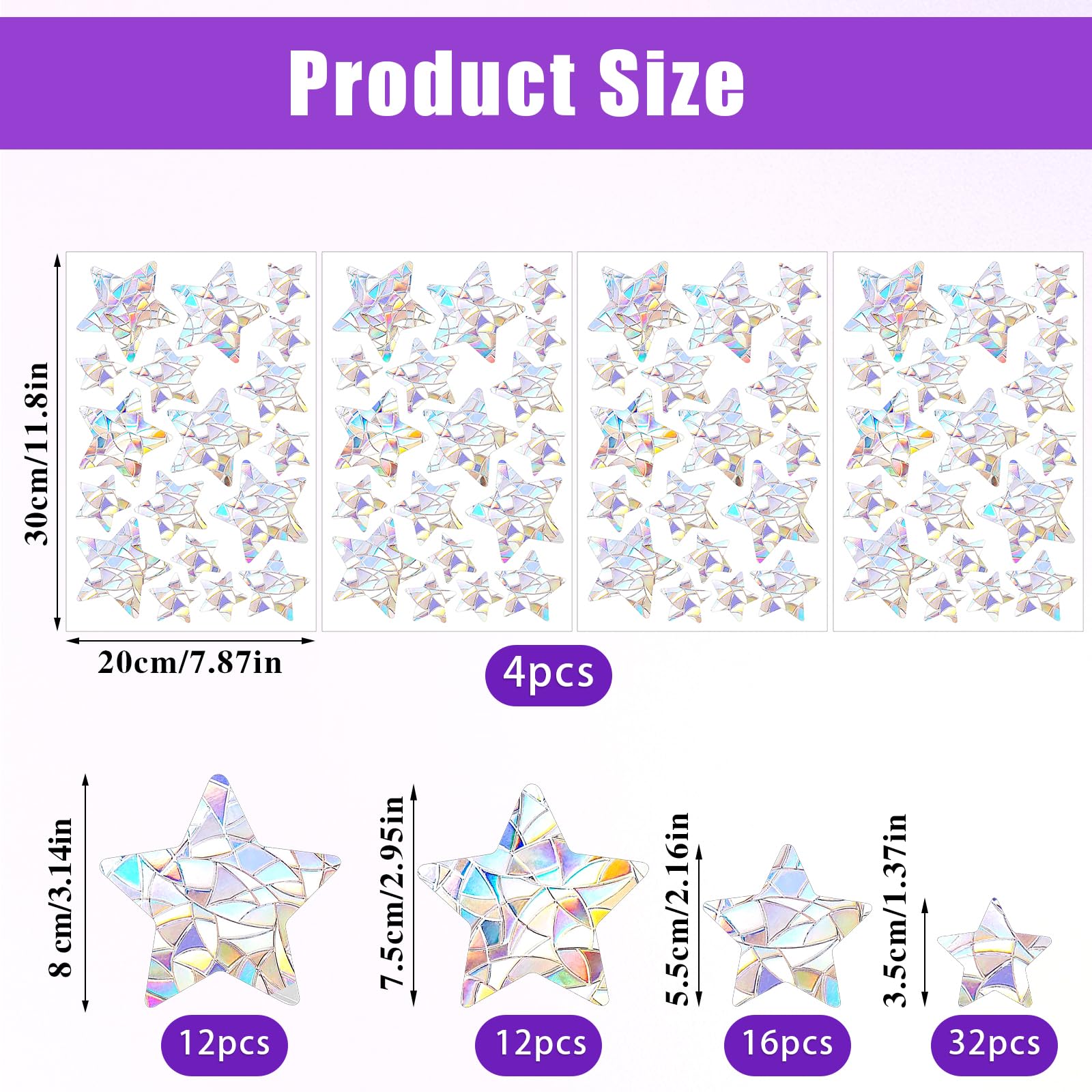 Hariendny 72 PCS Star Window Clings Static Window Clings Star Style Rainbow Stickers Anti Collision Window Decals Non-Adhesive Prismatic Window Clings Save Birds from Window Collisions, Colourful