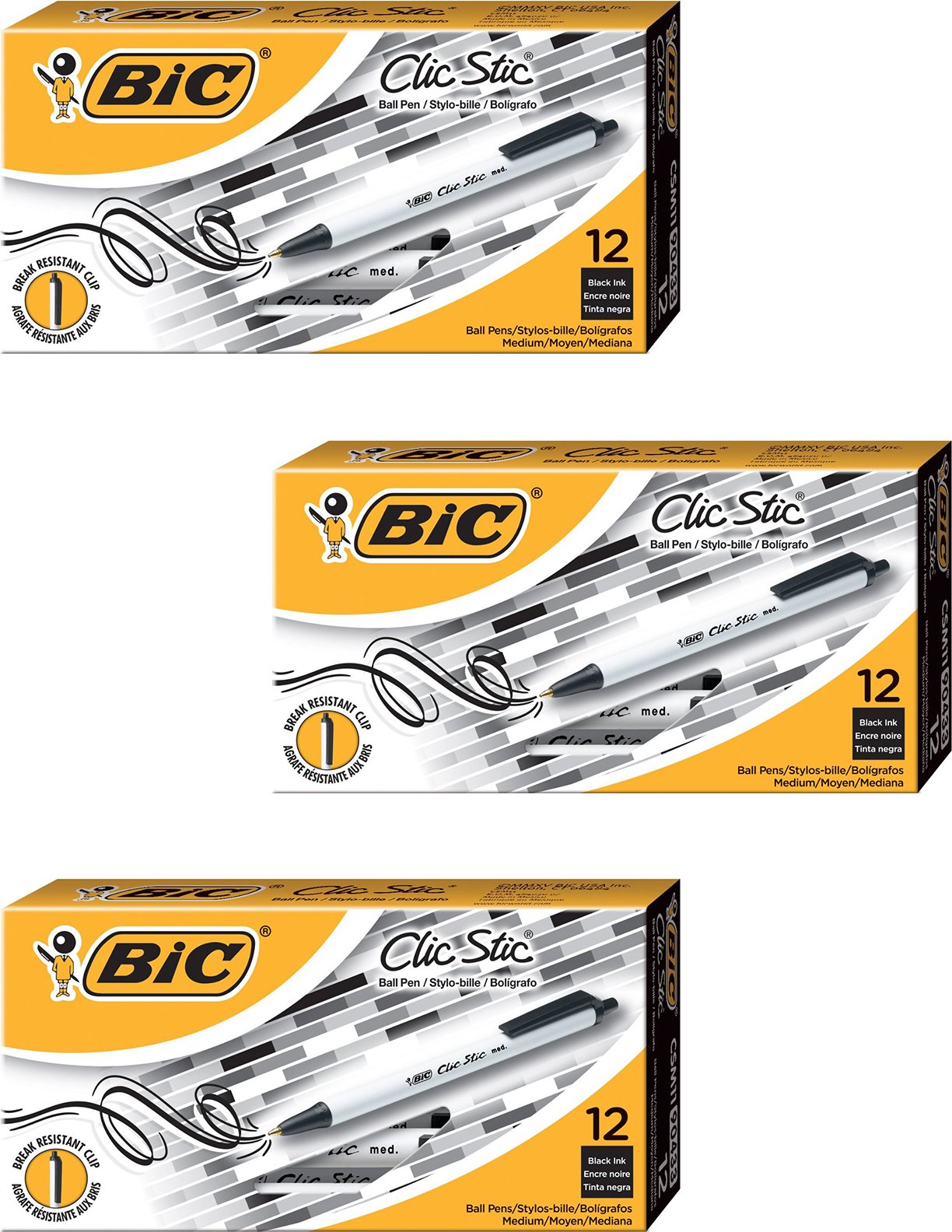 BICClic Stic Retractable Ball Pen, Medium Point, Black Ink 3DOZEN (CSM11-BK)