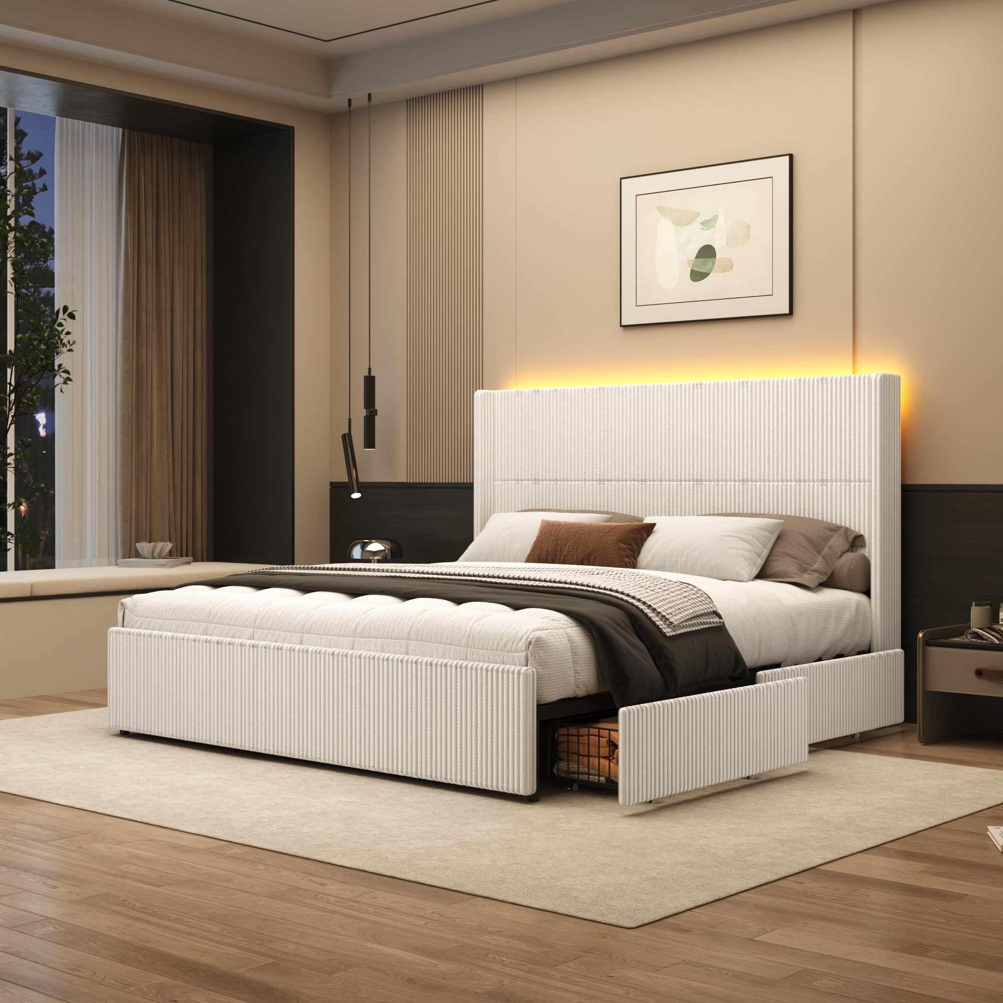 King Size Corduroy Upholstered Bed Frame with 4 Drawers LED Light Wingback Bed Frame King with 52 Headboard