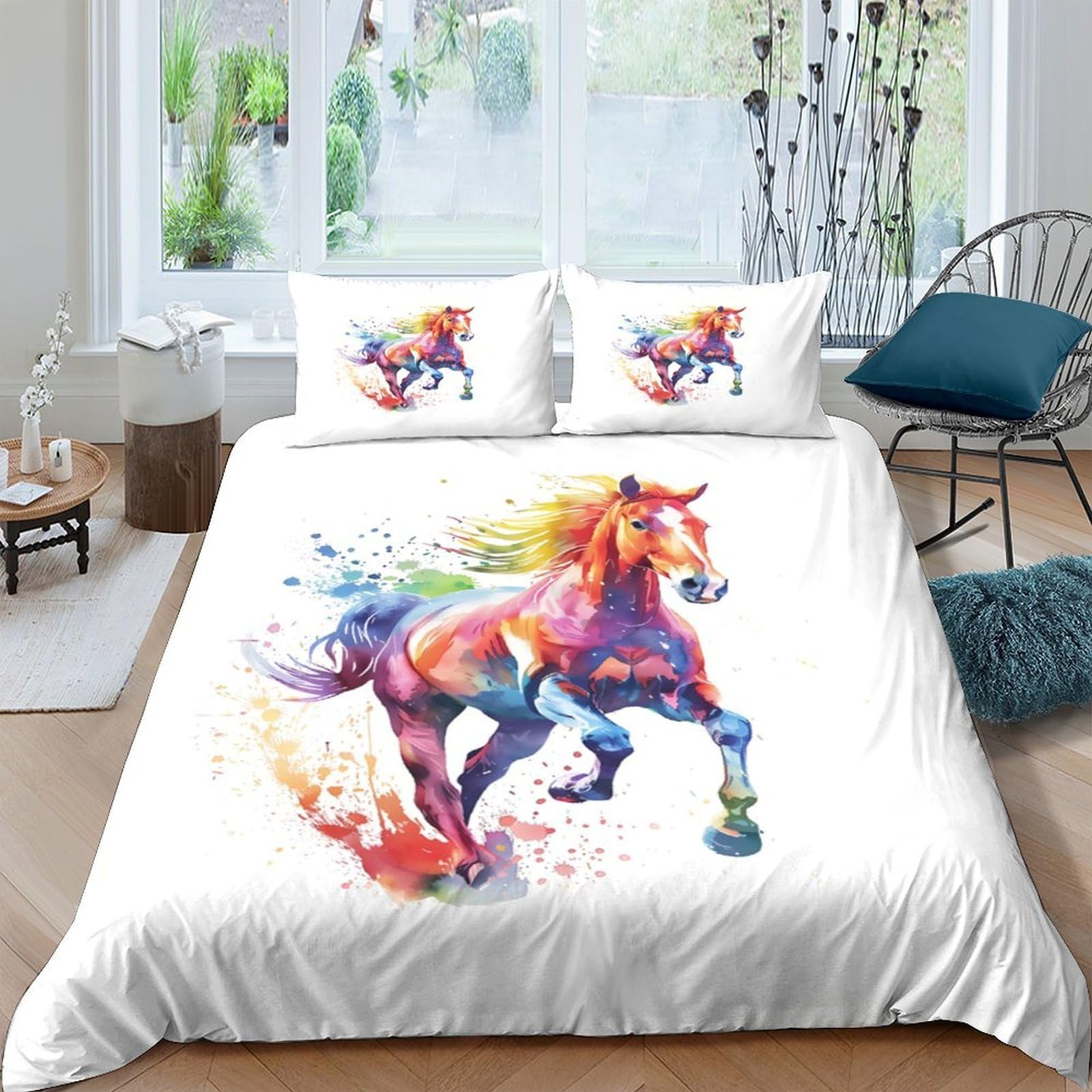 3D Printed colorful horse art Comforter Cover Microfiber vibrant watercolor Quilt Cover Fade Resistant No Iron for Young Adults Rental Flat Teen Bedroom Daily Use Double（200x200cm）