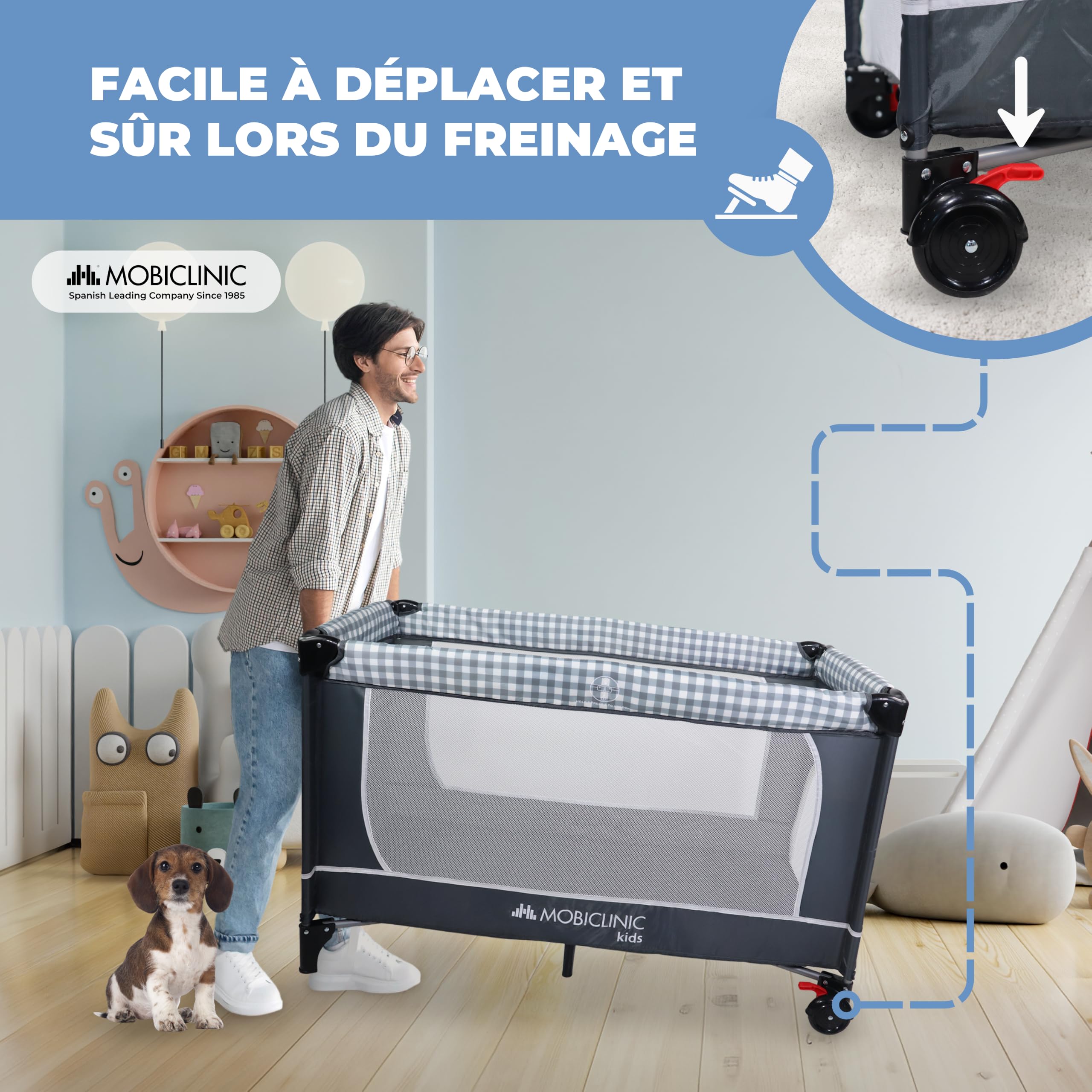 Mobiclinic®, 3 en 1 lit Parapluie bébé, De Voyage à 2 Niveaux, Table Lange, Parc Berceau, Entrée latérale, Sac Transport, Caelum, Roues avec Frein, Max.15 kg, Poche Rangement