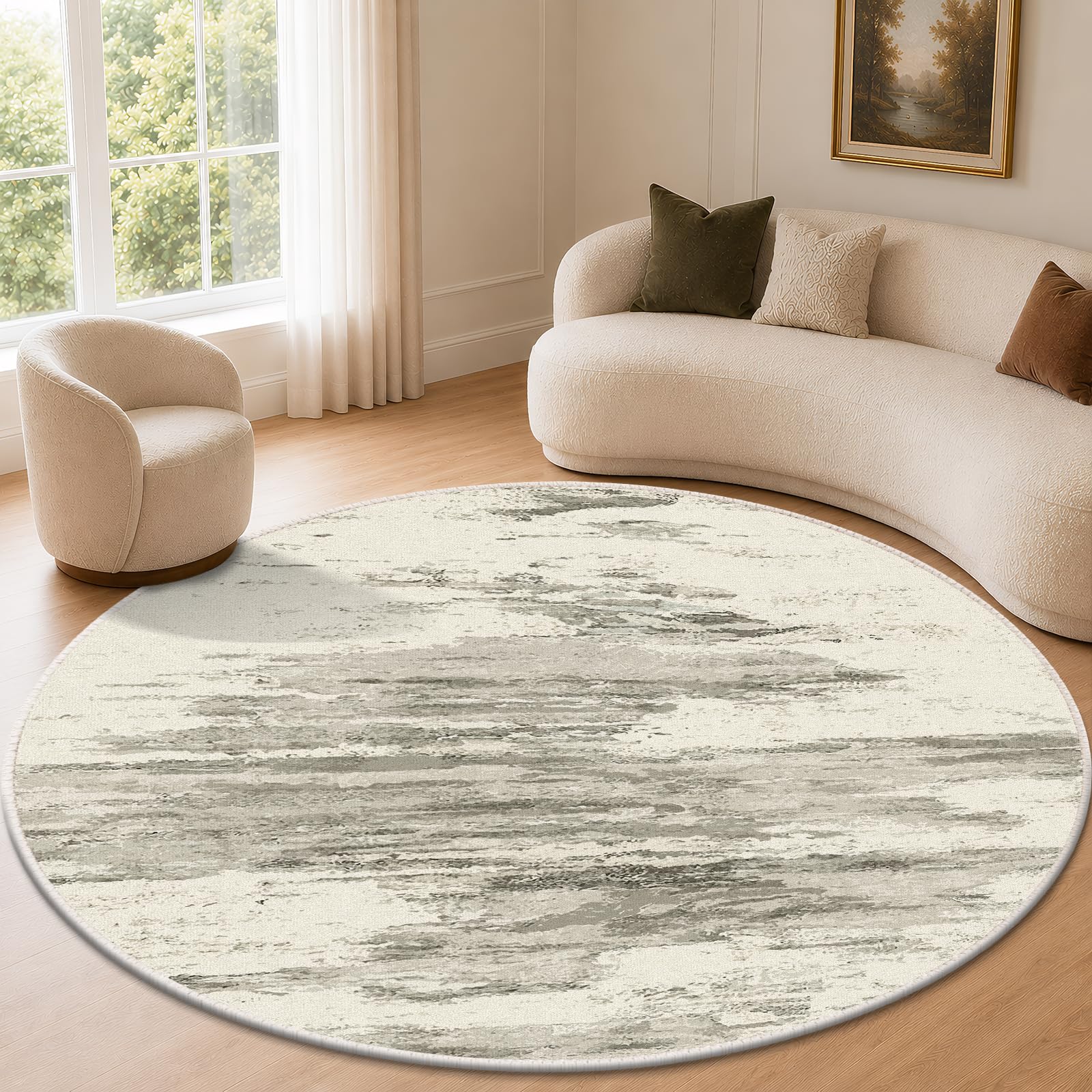 JOYARR Round Rug, Washable Non-Slip Low Pile 150cm, Greige