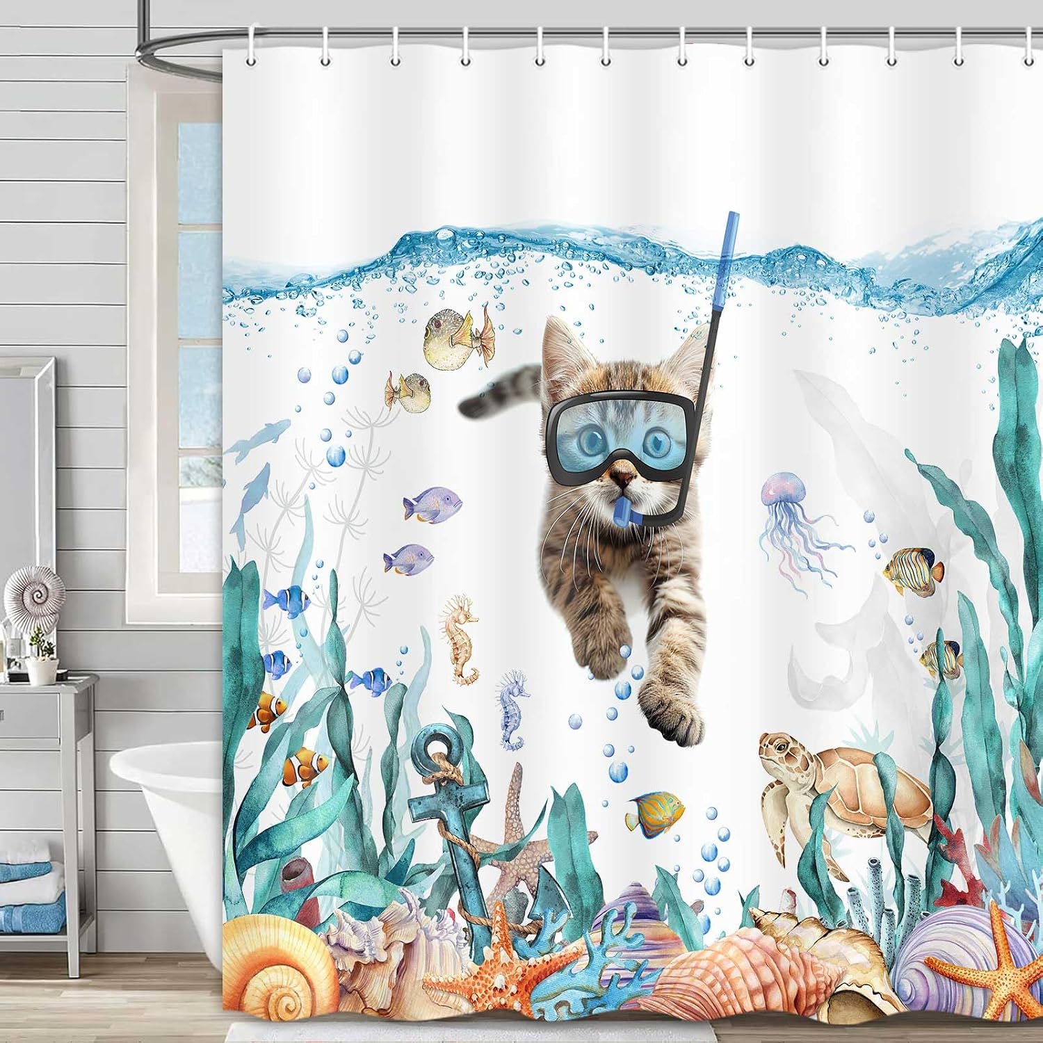 Funny Cat Shower Curtain, Teal Blue Ocean Sea Turtle Starfish Tropical Fish Fabric Bath Curtains, Kids Bathroom Nautical Decor Waterproof with Hooks Set 72 x 72 Inch