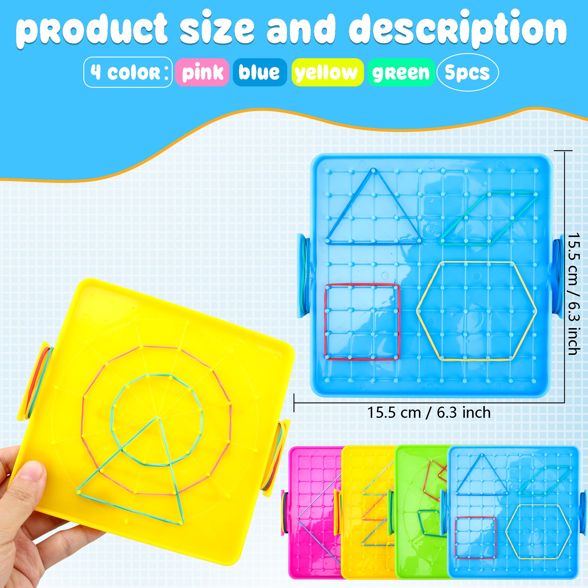 20 Pcs Plastic Double Sided Geoboard Mathematical Manipulative Material Geoboard Plastic Graphical Geo Board with Rubber Bands for Kindergarten Geometric Shape Learning Toys,4 Colors - Image 2