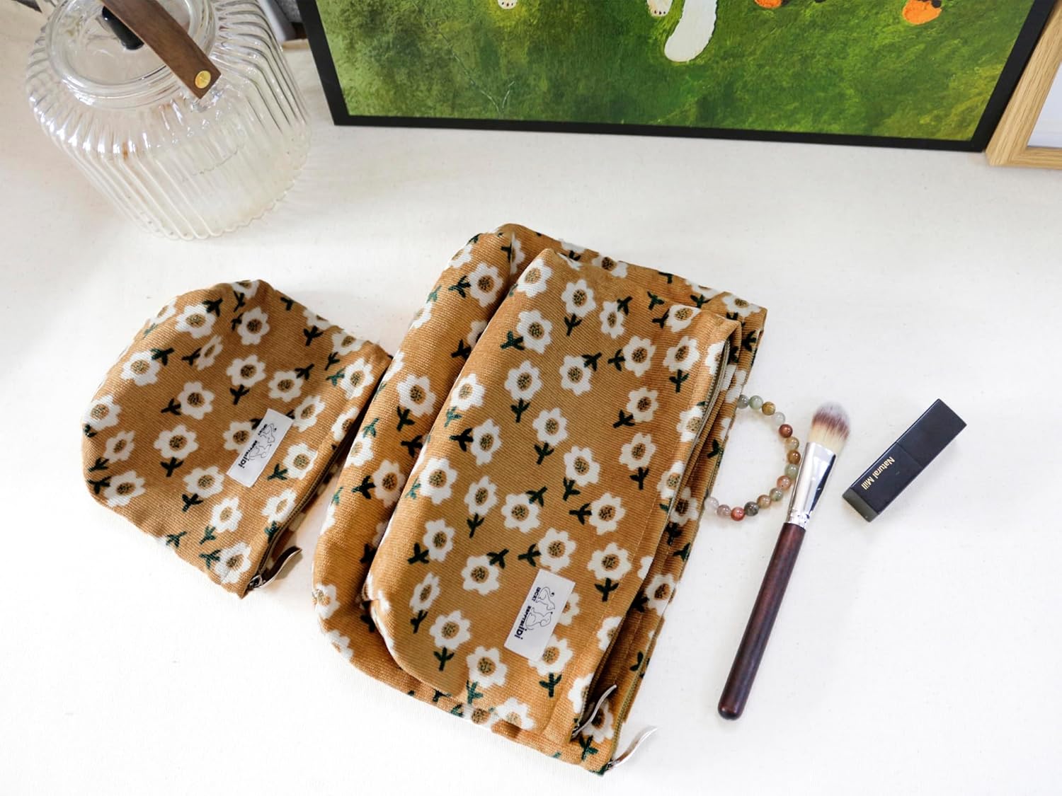 HAPPYHEIDI Floral Makeup Bag Set 3 Cosmetic Toiletry Organizer Zipper Pouch for Purse Tote, Women Girls Gift, Large Medium Small, Kihaki Brown Corduroy - Image 7