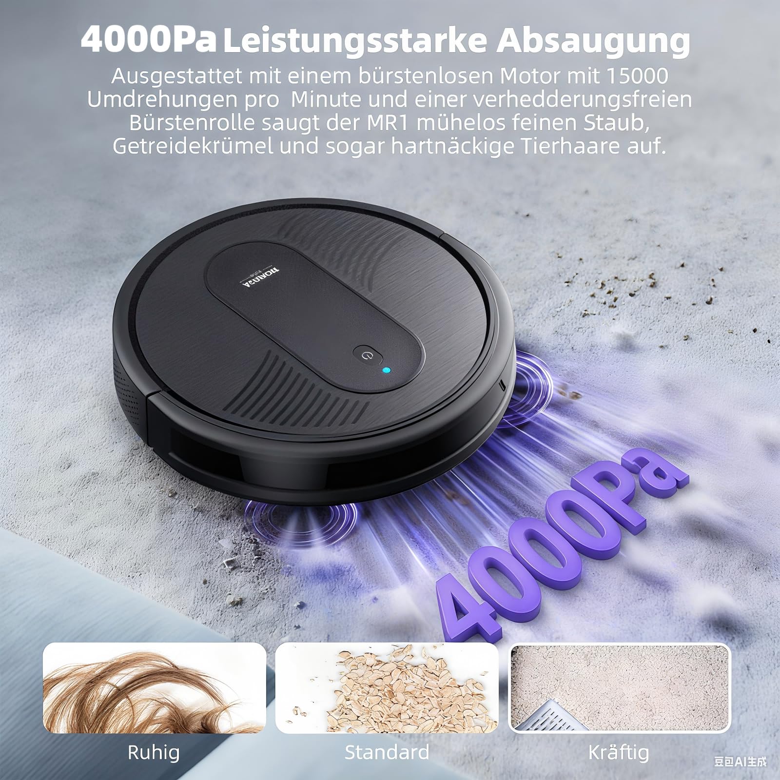MONSGA Saugroboter mit Wischfunktion 4000PA, Saug und Wischroboter 3 in 1,140Min Laufzeit, 2 Bürsten,Staubsauger Roboter mit Auto-Teppich-Boost für Tierhaare Teppich Böden, APP Steuerung