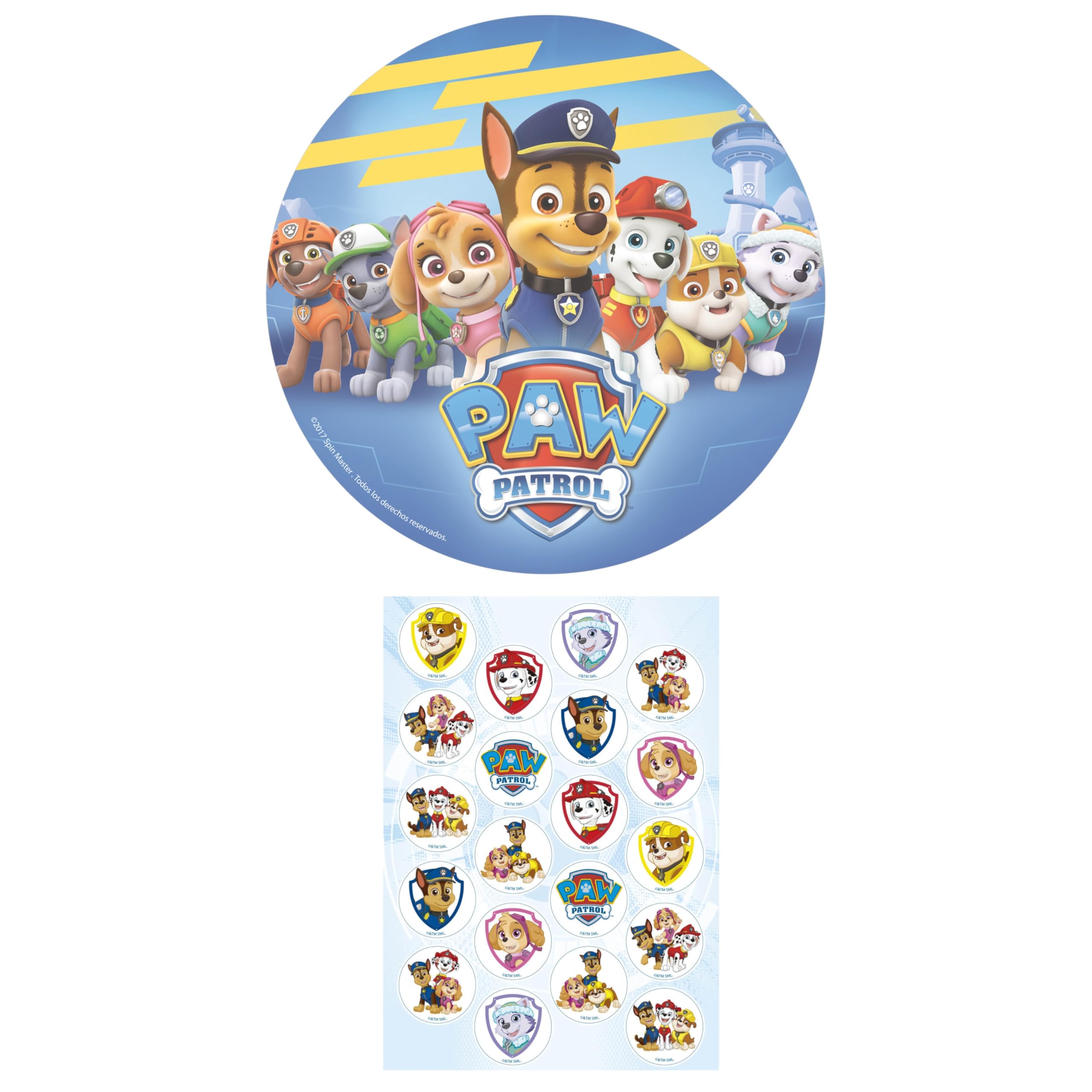 Dekozauber24 Paw Patrol Edible Cake Topper 8 inch + 20x Cupcake Toppers for Children's Birthday Parties, decorations muffins image disc (Paw Patrol Nr. 1)