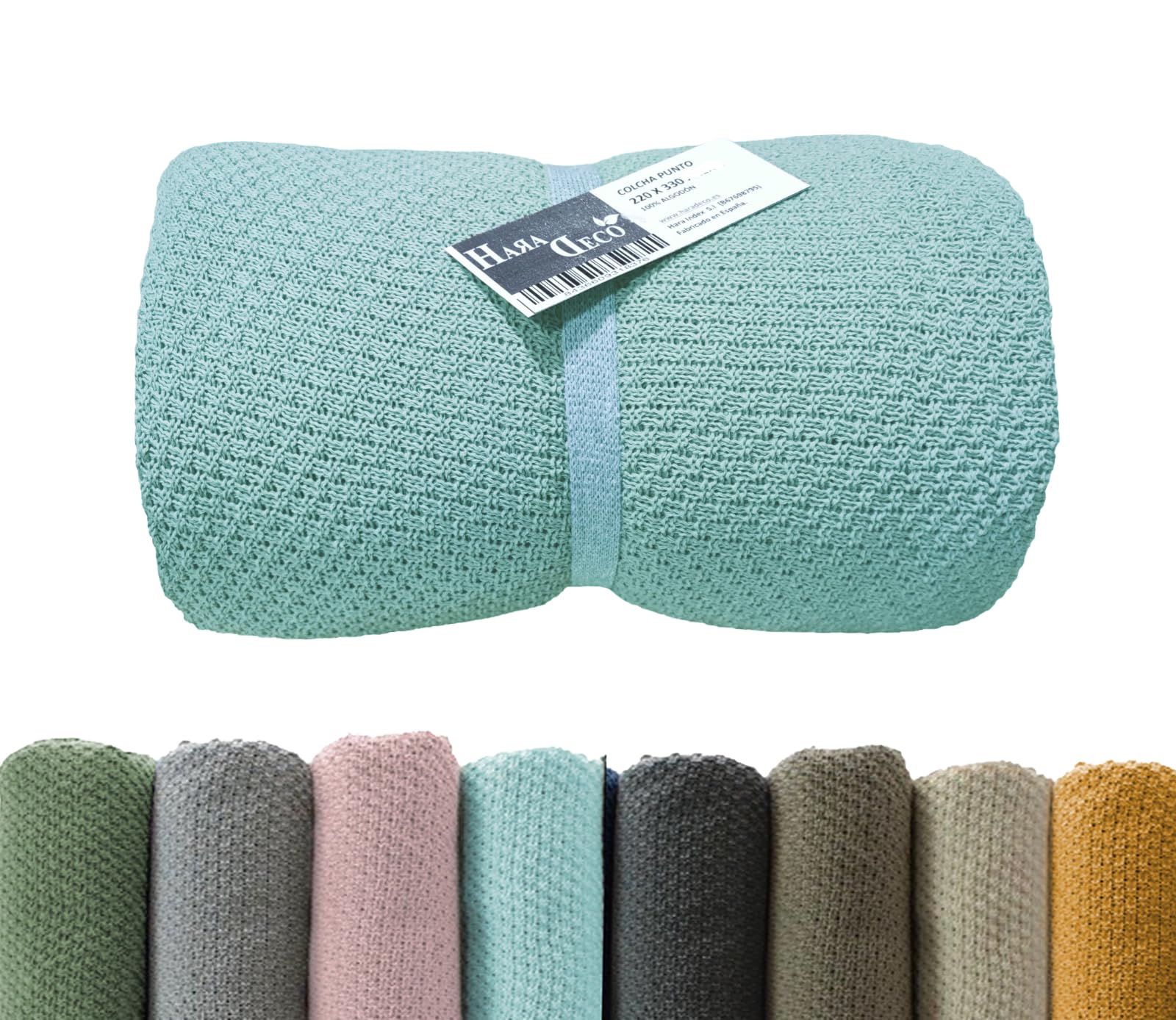 HaraDeco Mantas para Cama Sofá 100% Algodón Tacto Suave, Manta Decorativa para Pie de Cama, Plaid Cubrecama de Punto Fabricado Nacional(Aguamarina, 220x330cm)