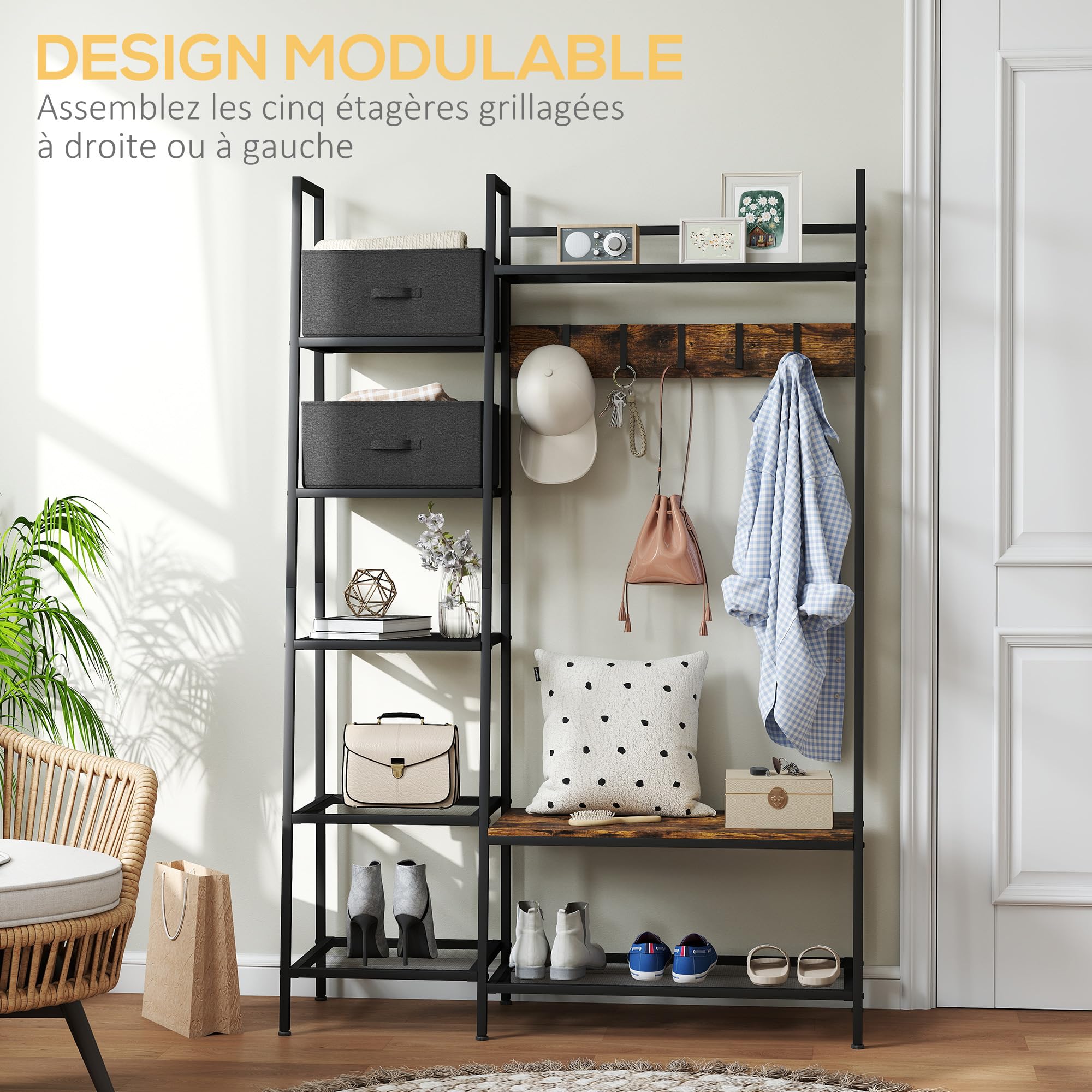 HOMCOM Porte-Manteau Vestiaire 125 x 43 x 185,5 cm Gris Brun Rustique | Meuble d'Entrée Style Industriel, Banc à Chaussures, Étagères, 5 Crochets Détachables, 2 Paniers en Tissu, Acier Bois