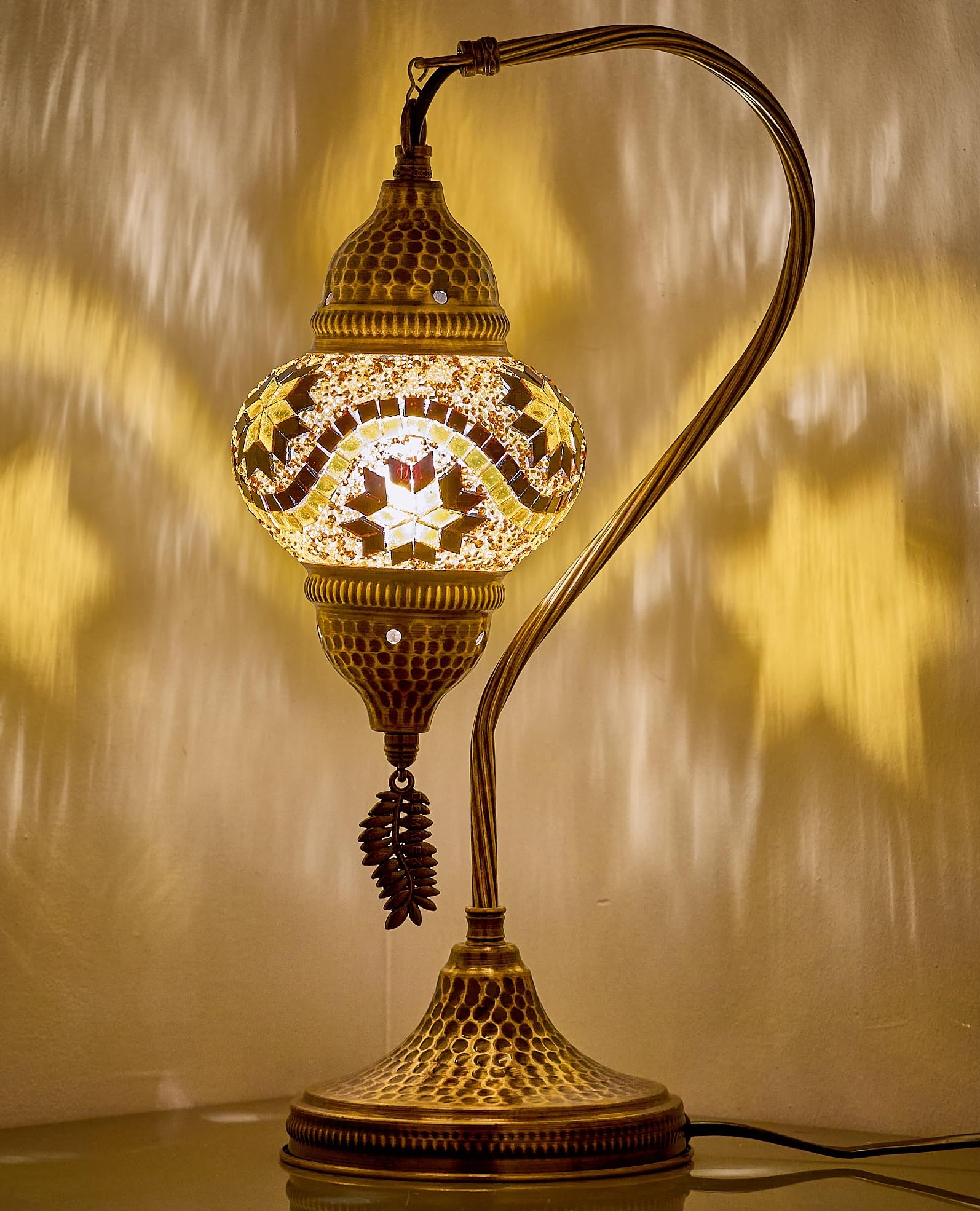 DEMMEX Turkish Moroccan Table Lamp, Swan Neck Tiffany Style Mosaic Glass Table Desk Bedside Lamp for Bedroom, Living Room – Handcrafted in Turkey,