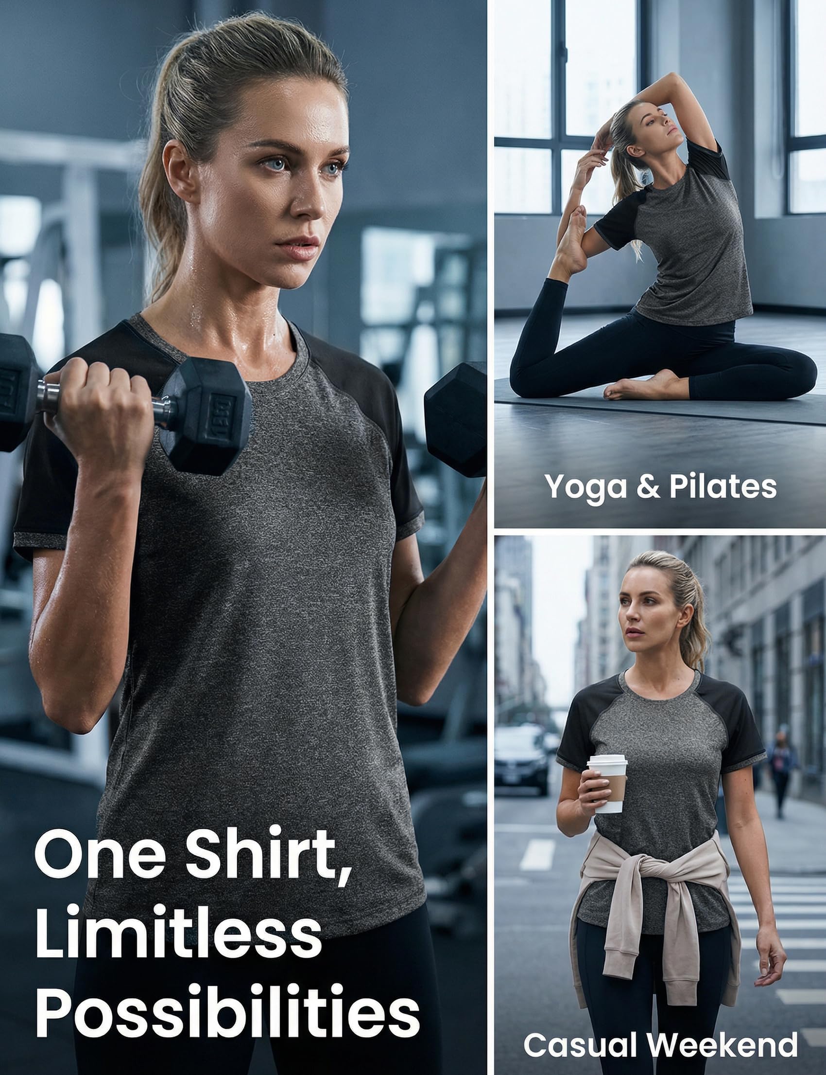 Camiseta Deportiva Mujer Manga Corta Cuello Redondo de Secado Rápido Transpirable Tops para Yoga Fitness Pilates S-XXL