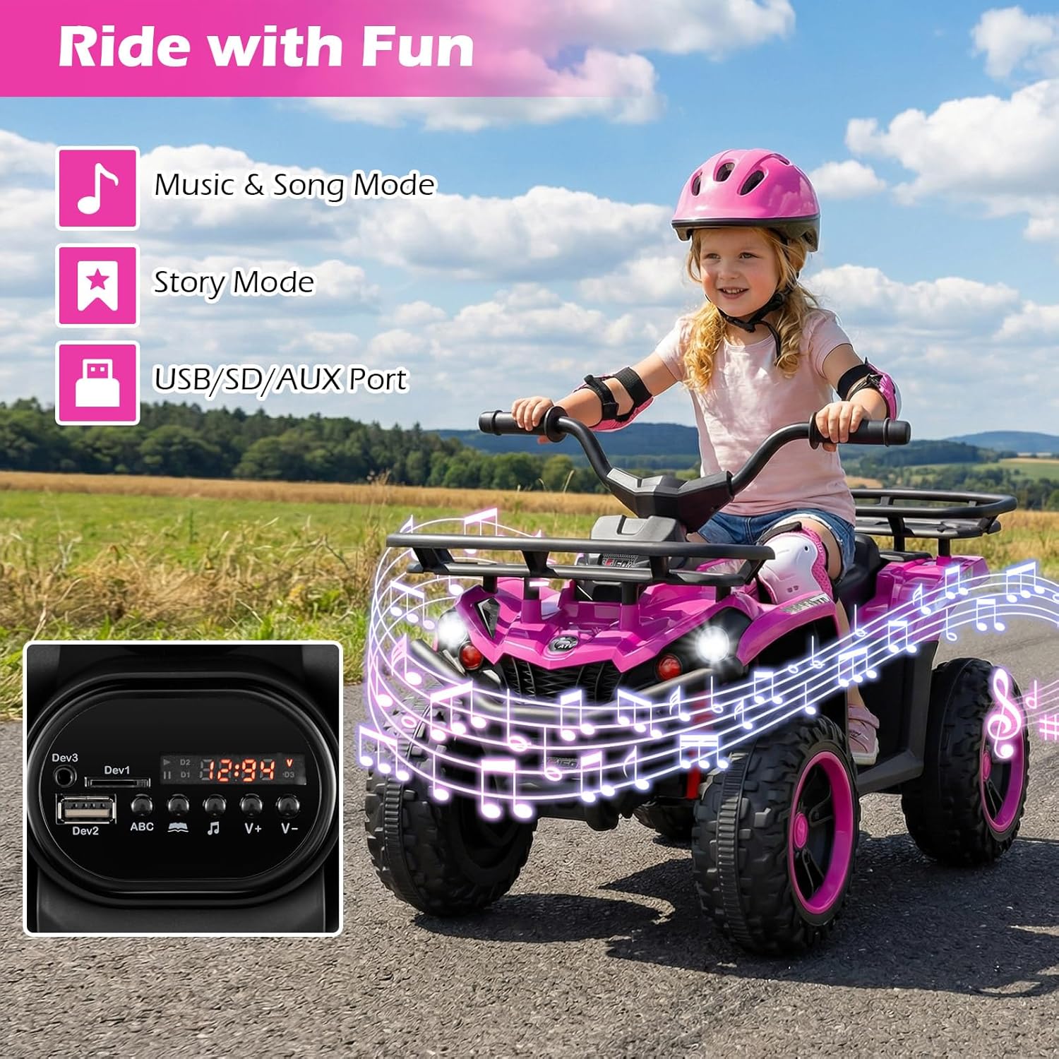 OLAKIDS 12V Kids ATV Quad with 2 Speeds, Spring Suspension, LED Lights, Music & Story Player, Big Tires, 2 Storage Spaces, Ride On Car for Boys Girls Ages 3+ (12V, Pink)