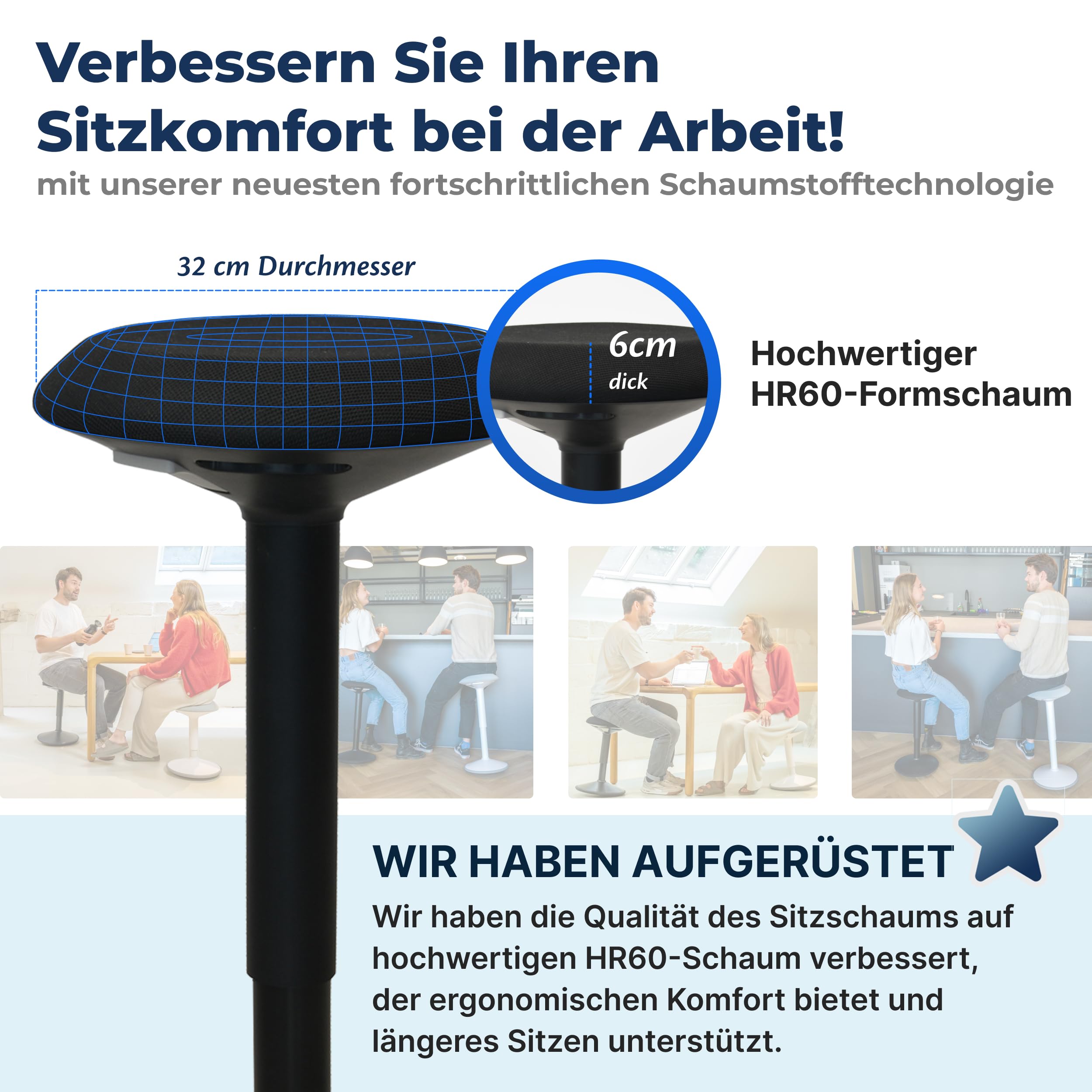 Ergonomischer Hocker TESTSIEGER - Bürohocker Höhenverstellbar [55-80cm] Stehhocker für Büro mit Schwingeffekt - Büro Stehstuhl - Rutschfester Sitzhocker Ergonomisch - Wackelhocker Büro - Mattschwarz