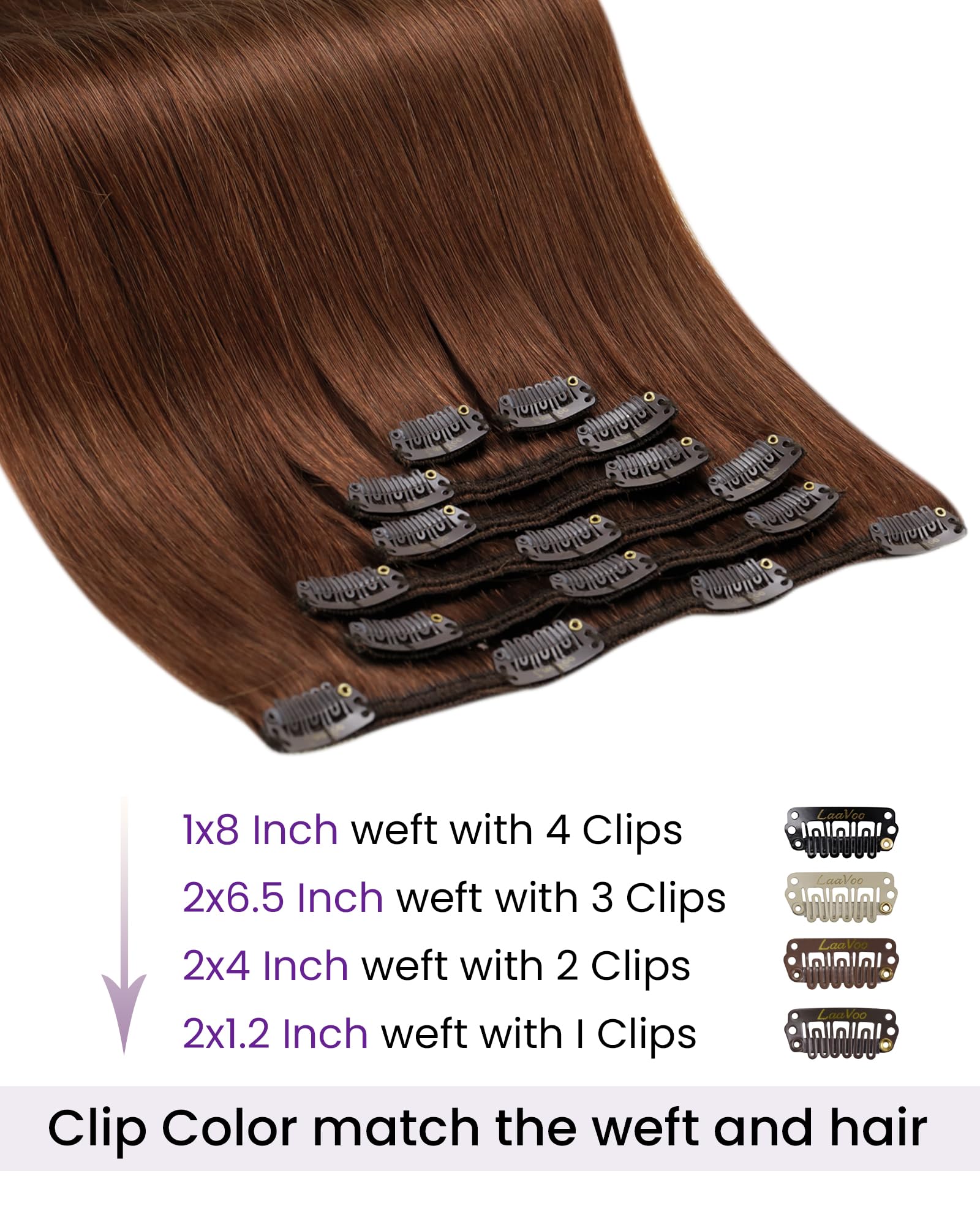 LaaVoo Clip in Hair Extensions Real Human Hair Brown Hair Extensions Clip in 24 Inch 120g 7pcs Full Head Straight Red Brown Remy Hair Double Weft #33 - Image 2