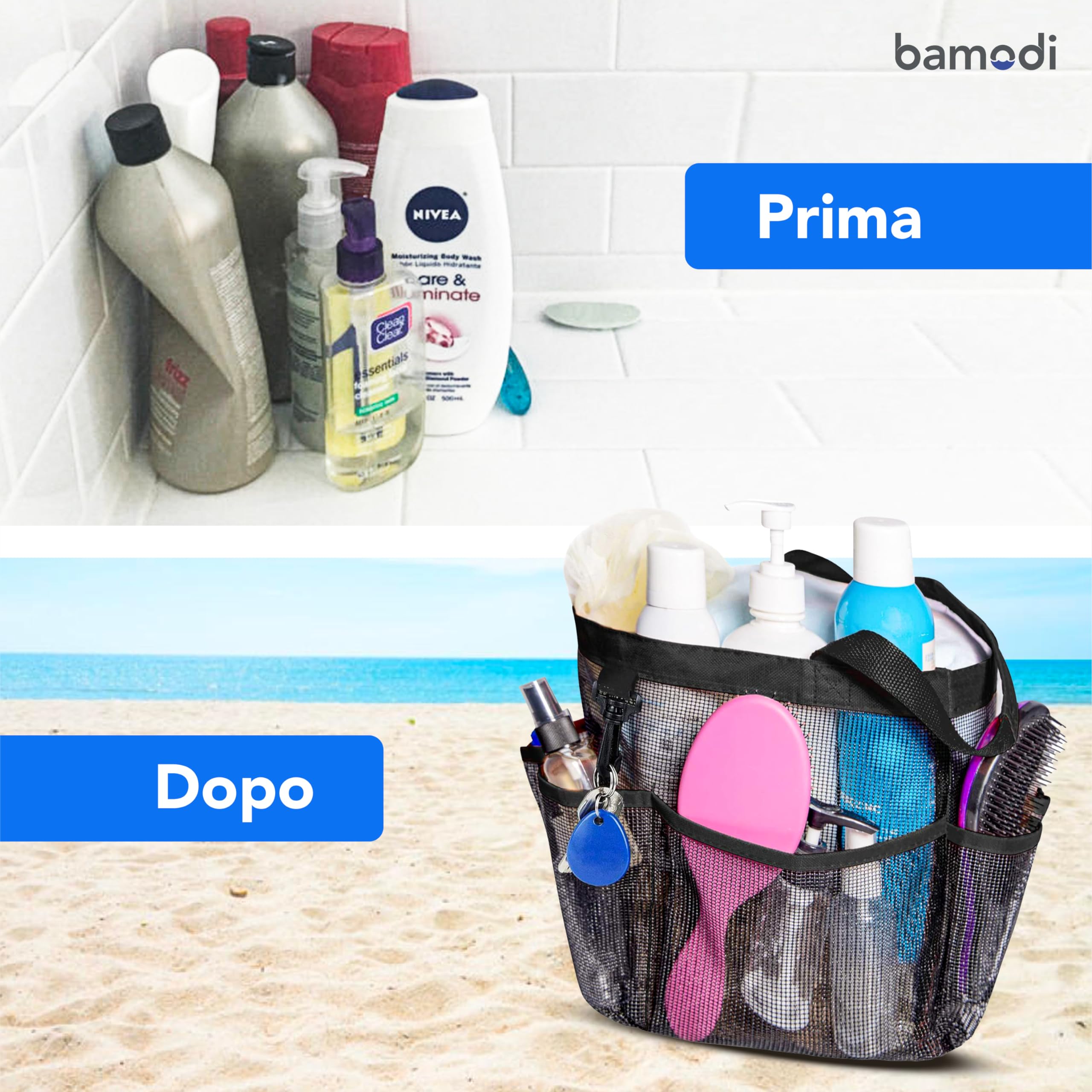 Bamodi Mesh Shower Caddy Basket/Hanging Portable Shower Tote Bag Cestino da doccia a rete – Borsa da toilette trasparente Tote Bag Organizer da appendere – per donne e donne, asta appendiabiti