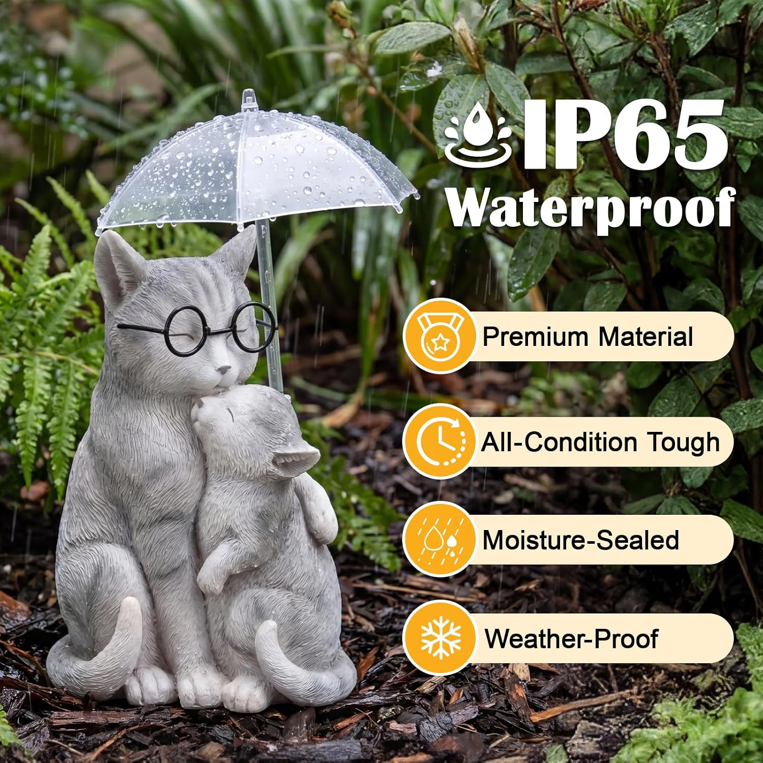 Solar Cat Statue Garden Decor, Mother and Baby Kitten with Umbrella LED Light, Loving Cat Figurines Yard Decorations Outdoor for Patio Balcony Porch Lawn Ornaments, Cat Gifts for Women Mom Grandma
