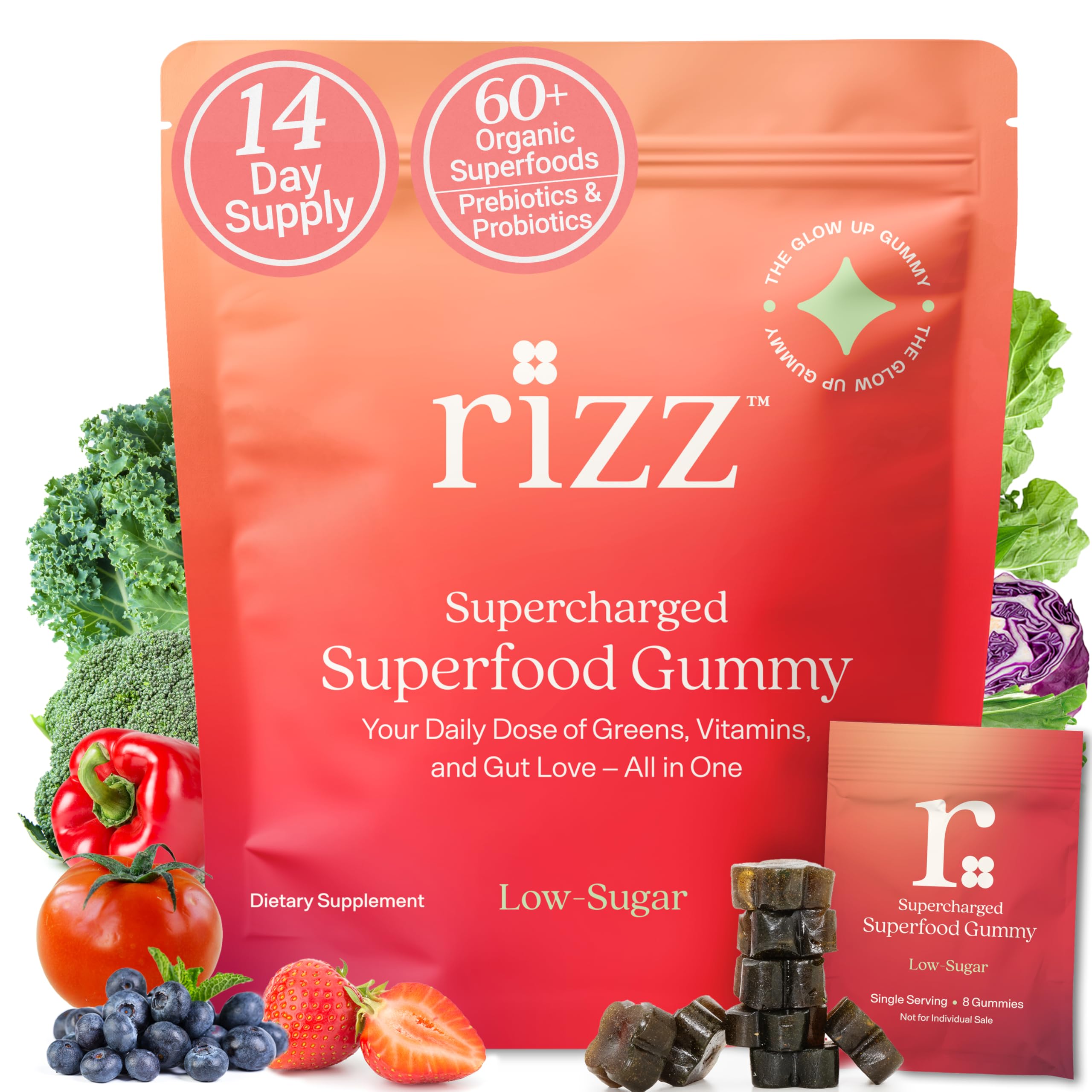 RIZZ Gomas de multivitamínico, prebióticos e probióticos com frutas, vegetais e cogumelos, 6 g de fibras, 112 gomas