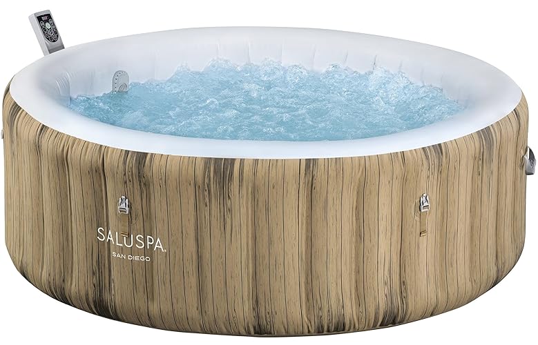 Bestway SaluSpa San Diego UltraFit EnergySense Inflatable Hot Tub Spa (77" x 26") | Portable Hot Tub with Energy-Efficient Cover and Built-in Pump | Fits Up to 4-6 Persons | Brown Wood - San Diego UltraFit (EnergySense)