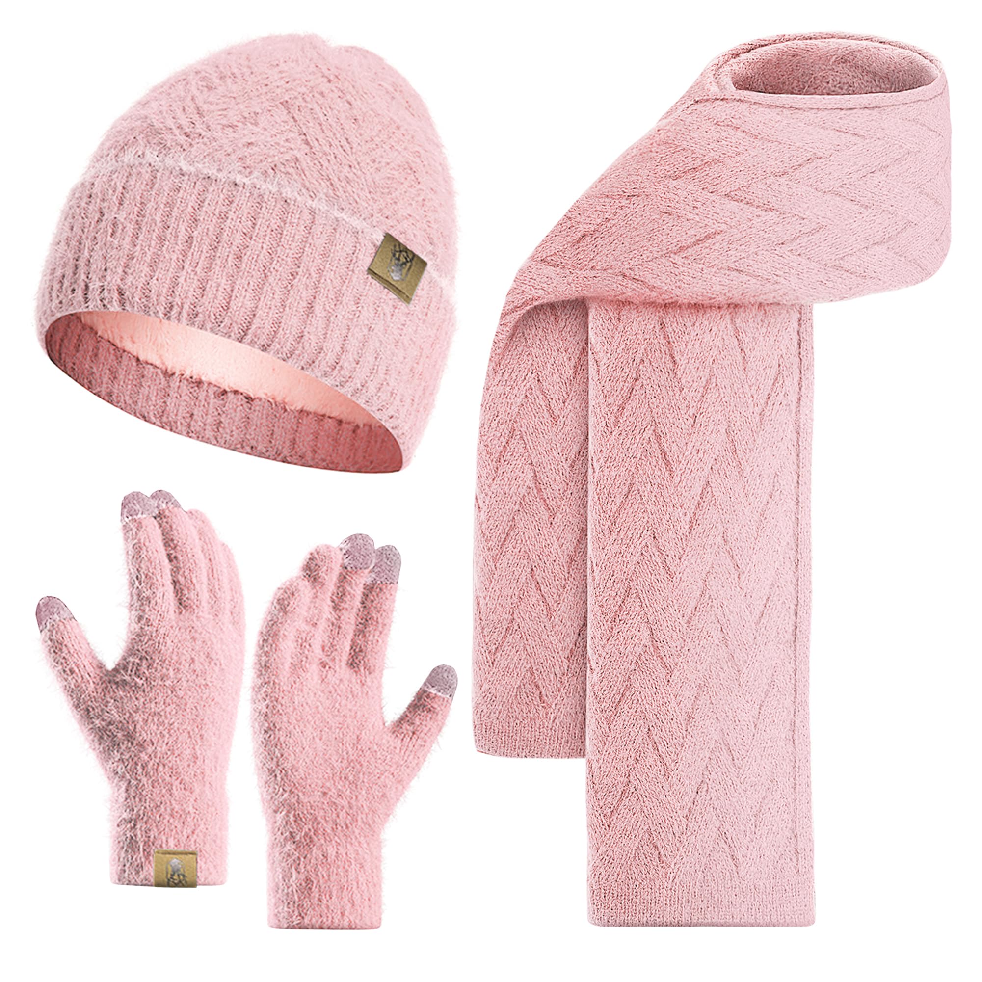 Mütze Schal Set und Handschuhe für Damen Beanie Mütze Winter mit Fleecefutter and Touchscreen Handschuhe Langer Schal 3 in 1 Set