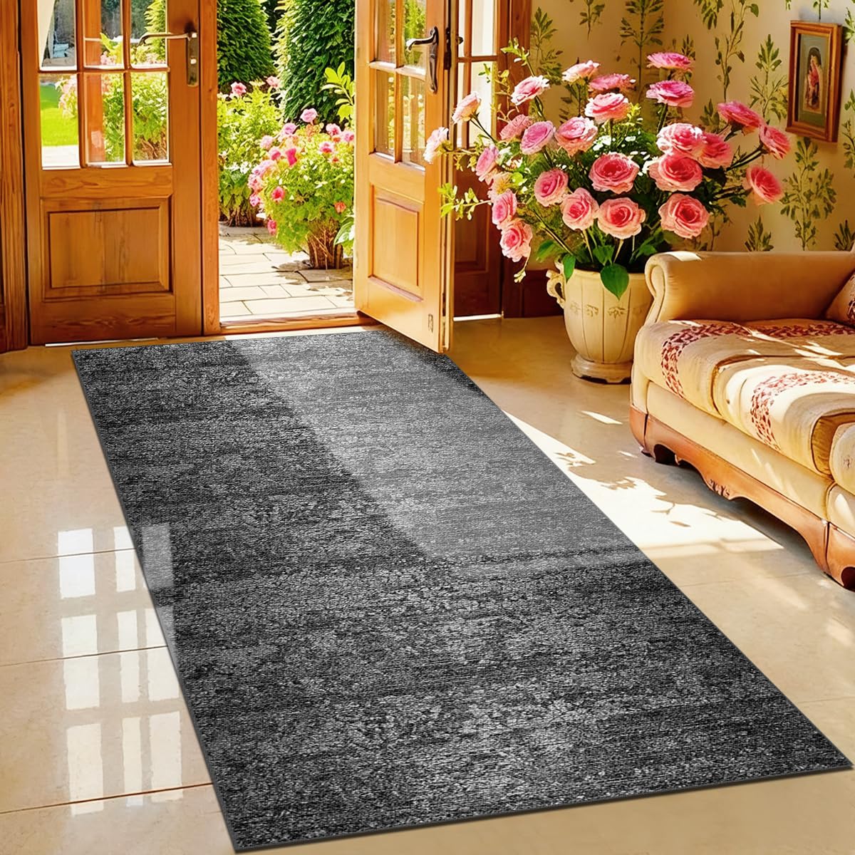 Tappeto Lungo per Corridoio 50 x 180 cm Tappeto Passatoia Corridoio Tappeti Cucina Antiscivolo Tappeto Cucina Lavabile in Lavatrice per Cucina Corridoio Camera da Letto Soggiorno Nero