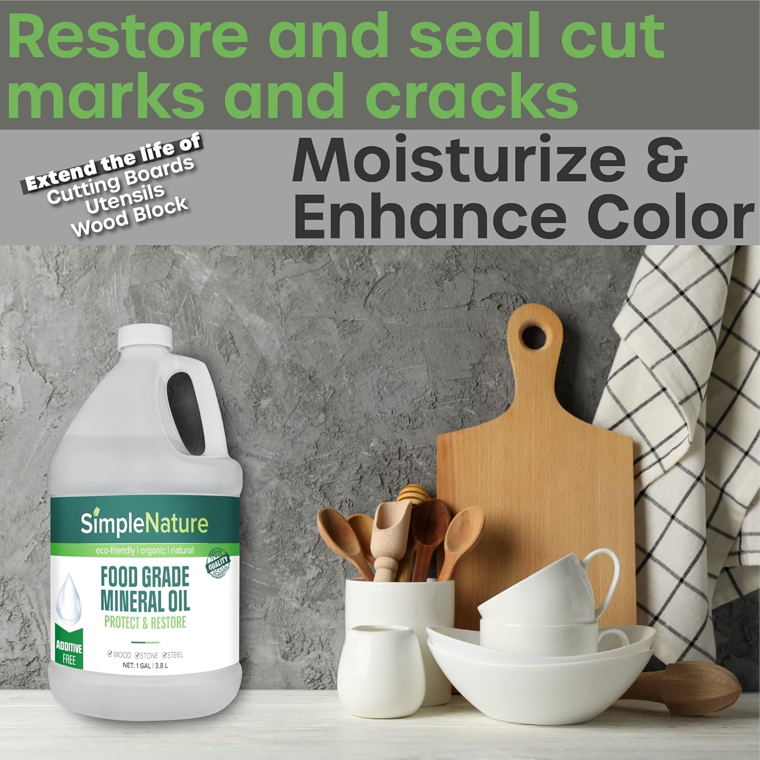 SimpleNature Food Grade Mineral Oil - for Moisturizing, Lubricating, Restoring & Protecting Wood, Cutting Boards, Butcher Block, Countertops, and Stainless Steel (2 Gallons)