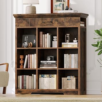 9 Cube Bookcase with Drawer, 3 - Tier Open Storage Book Shelf, Rustic Brown