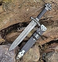 Vista 7 de Espada de daga vikinga, acero de Damasco de 16 pulgadas, espada corta de doble filo de espiga completa con mango de madera y vaina