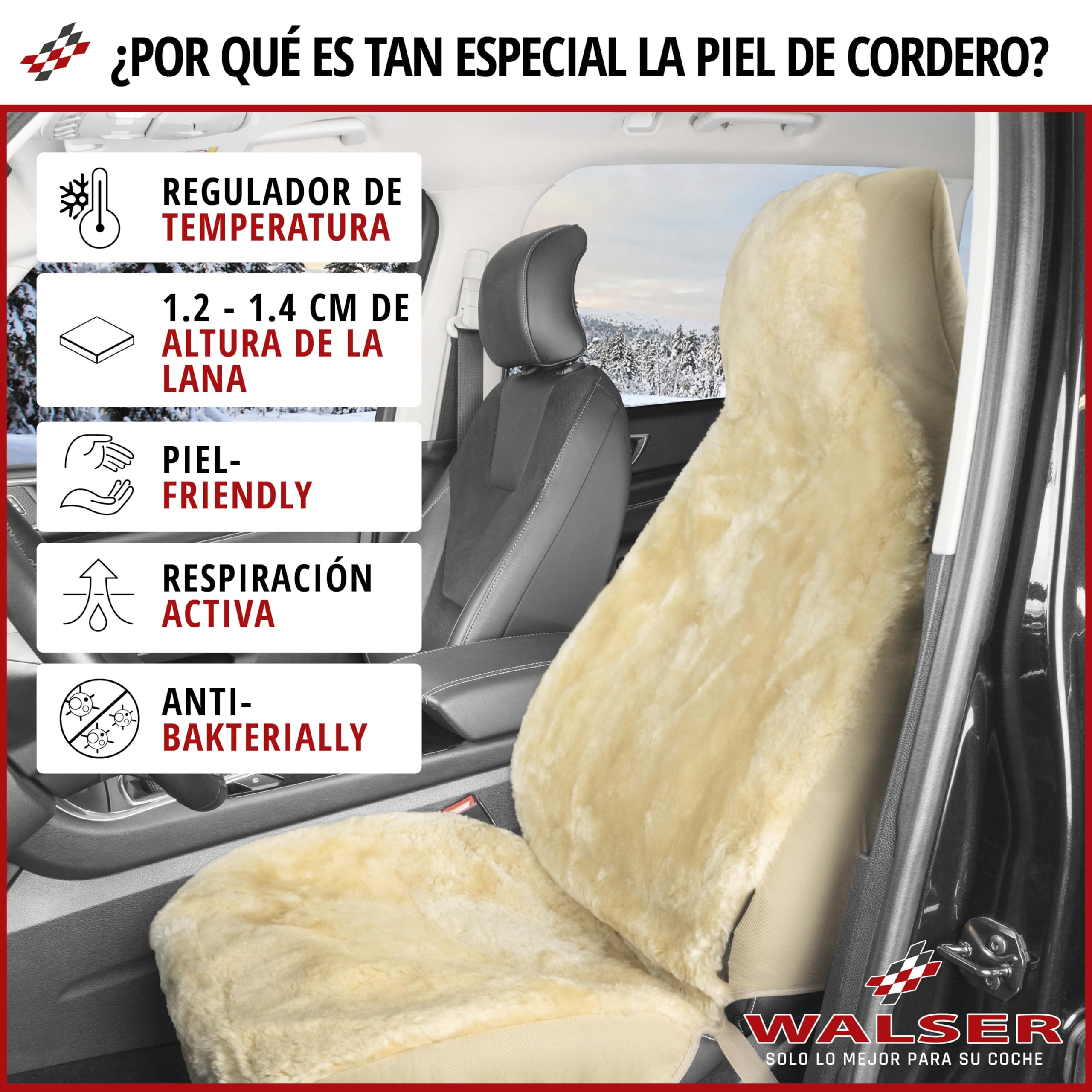 Walser Funda de Asiento de Coche de Piel de Cordero Zoya, Funda de Asiento 100% Piel de Cordero para Coche, Cubierta de Cuero de Oveja de 1 Pieza para los Asientos Delanteros del Auto Beige