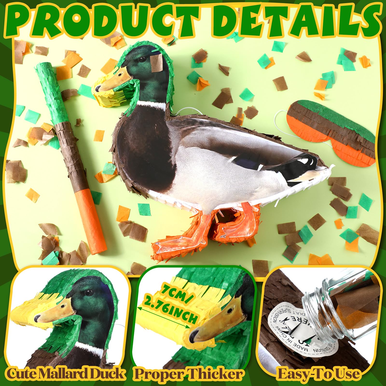 Leyndo Mallard Ducks - Juego de piñata para fiesta de cumpleaños, piñata de patos Mallard con confeti vendado para adultos, regalo para adultos, decoraciones de animales de verano, accesorios de juego