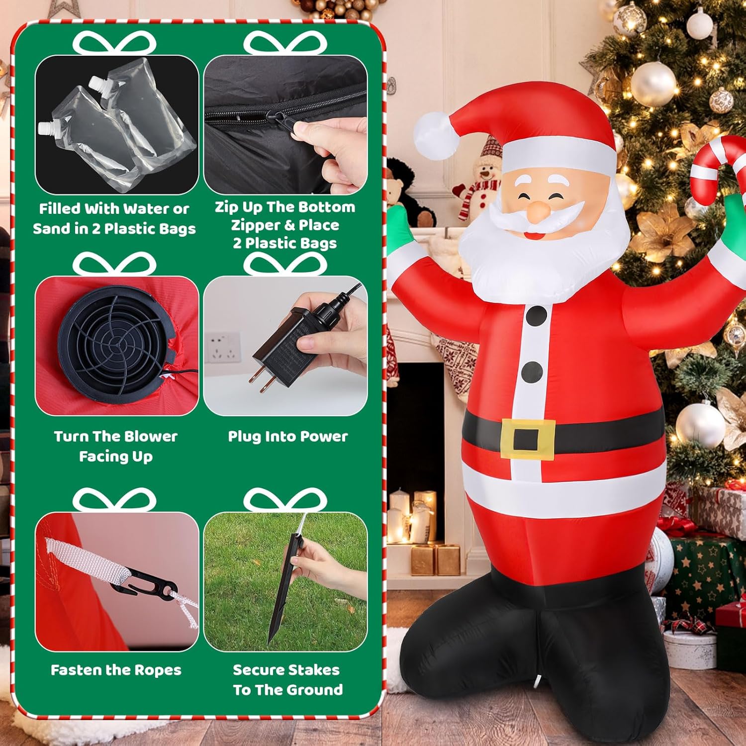Christmas Inflatables Outdoor Decorations, 6 FT Santa Claus Christmas Decor for Front Back Yard Garden Lawn, Blow Up Inflables De Navidad Built-in LED Light with Candy Cane