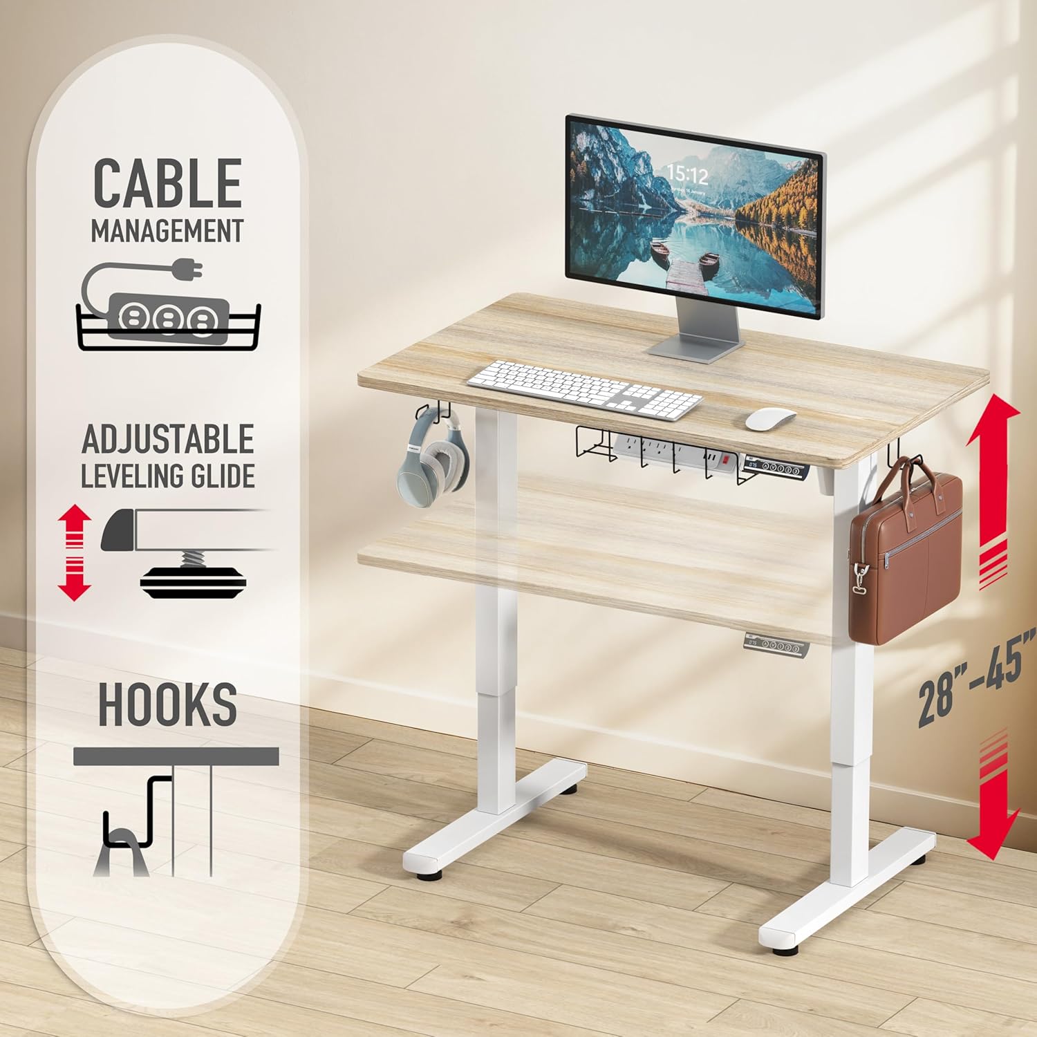 SHW 40 x 22 Inches Electric Height Adjustable Sit to Stand Desk with Hanging Hooks and Cable Management, White Frame and Maple Top