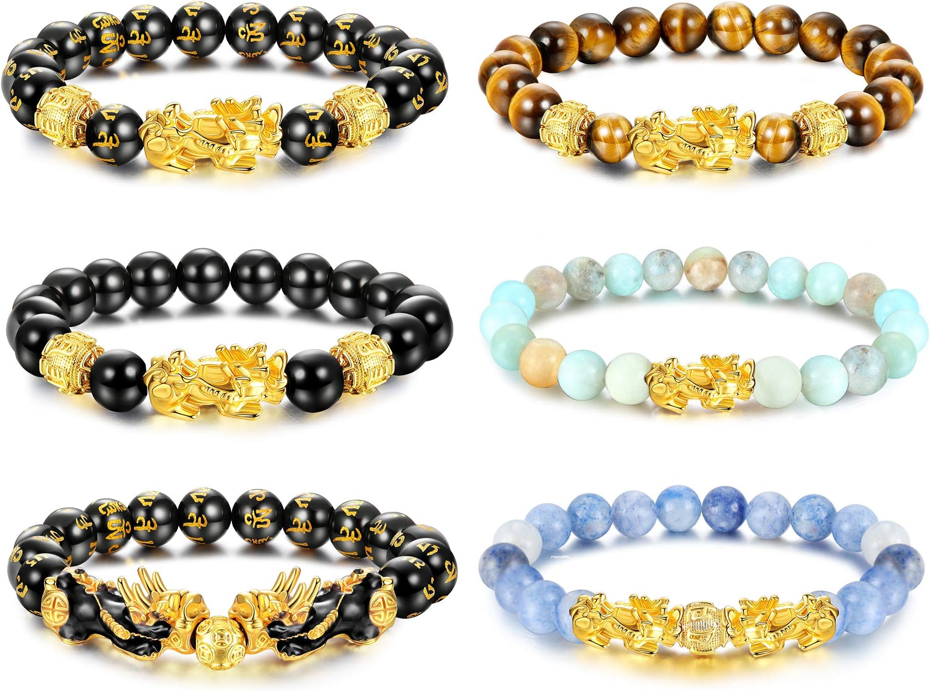 sailimue6 Pcs Feng Shui Pixiu Good Luck Bracelets for Men Women Natural Stone Tiger Eye Bead Bracelet Pi Yao Chinese Dragon Charm Adjustable Feng Shui Black Obsidian Wealth Bracelet Set