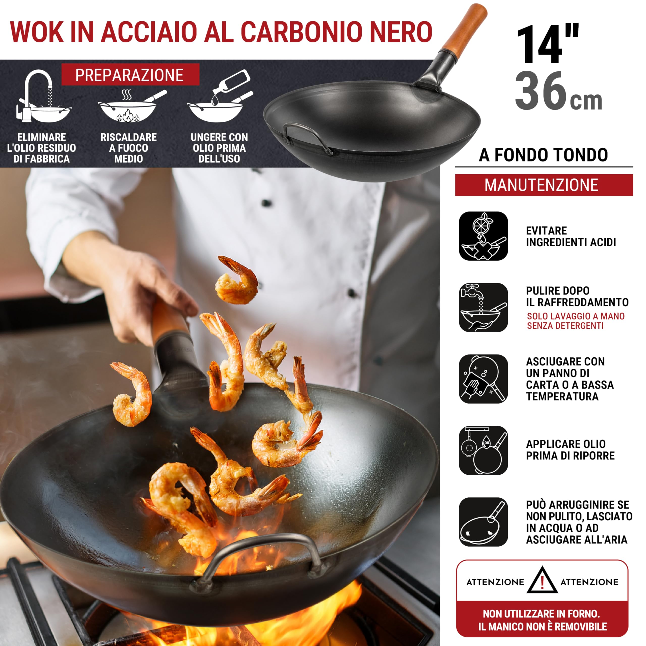 YOSUKATA Padella Wok Professionale 36 cm - Tradizionale Fondo Tondo in Acciaio al Carbonio Precondizionato - Cinese Originale - Pentola Grande - Compatibile con Gas e Fuoco Aperto (Nero)