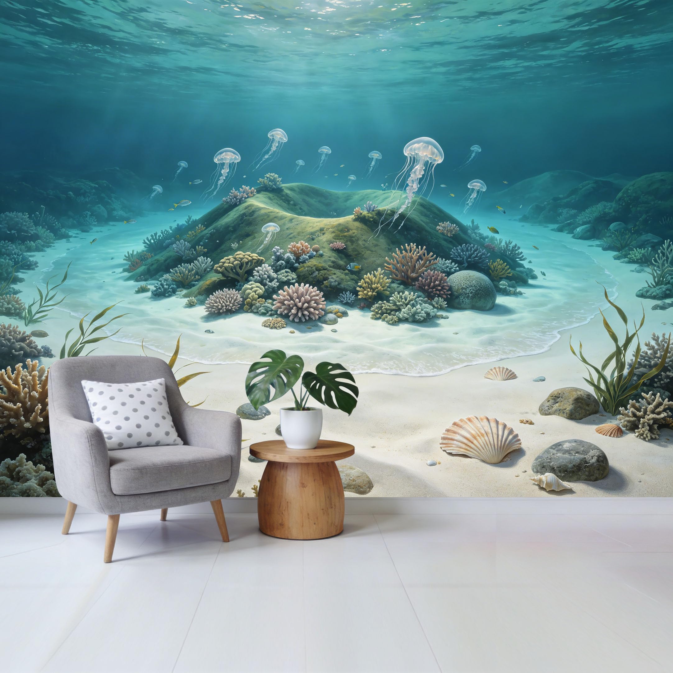 Custom Size Wall Mural Ocean Marine Underwater Coral Reef Jellyfish Scene Removable Self Adhesive Fabric Home Wall Decor for Living Room Bedroom Bathroom