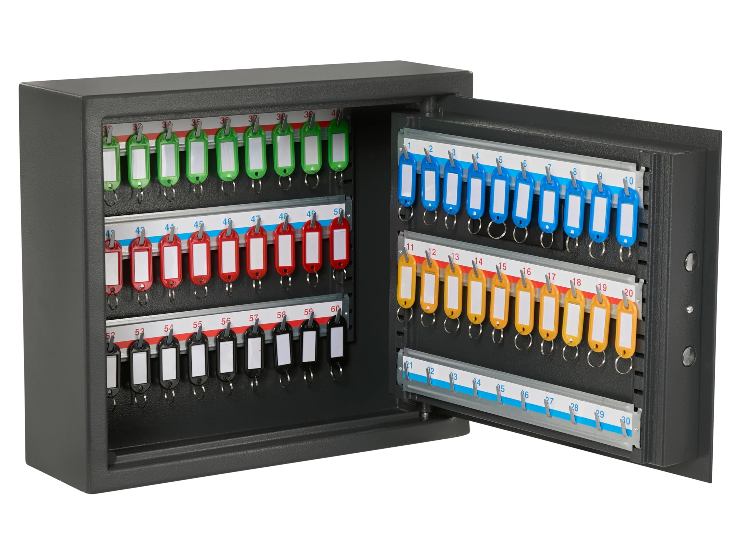The Workplace Depot Digital Key Cabinet, High Security Wall Mounted Electric Combination Lock Key Safe with Key Hooks Coloured Key Tags for Home, Office, Business (60 Key Capacity)