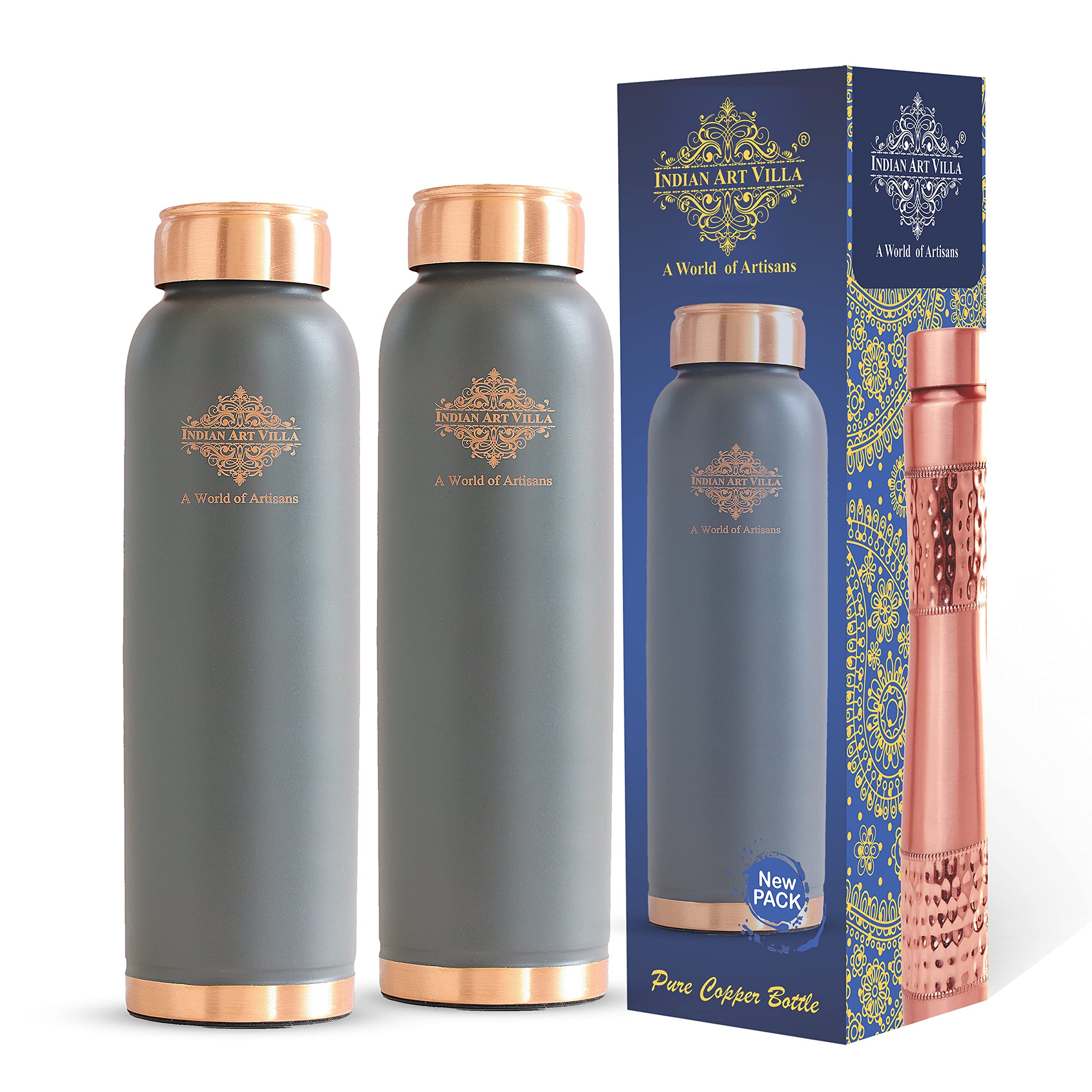 INDIAN ART VILLA Copper Lacquer Coated Silk Finish Leak Proof Ergonomic Design Bottle in Gray Color, 900 ML - Pack of 2 (B0BFBJNWMM) Amazon Price History, Amazon Price Tracker