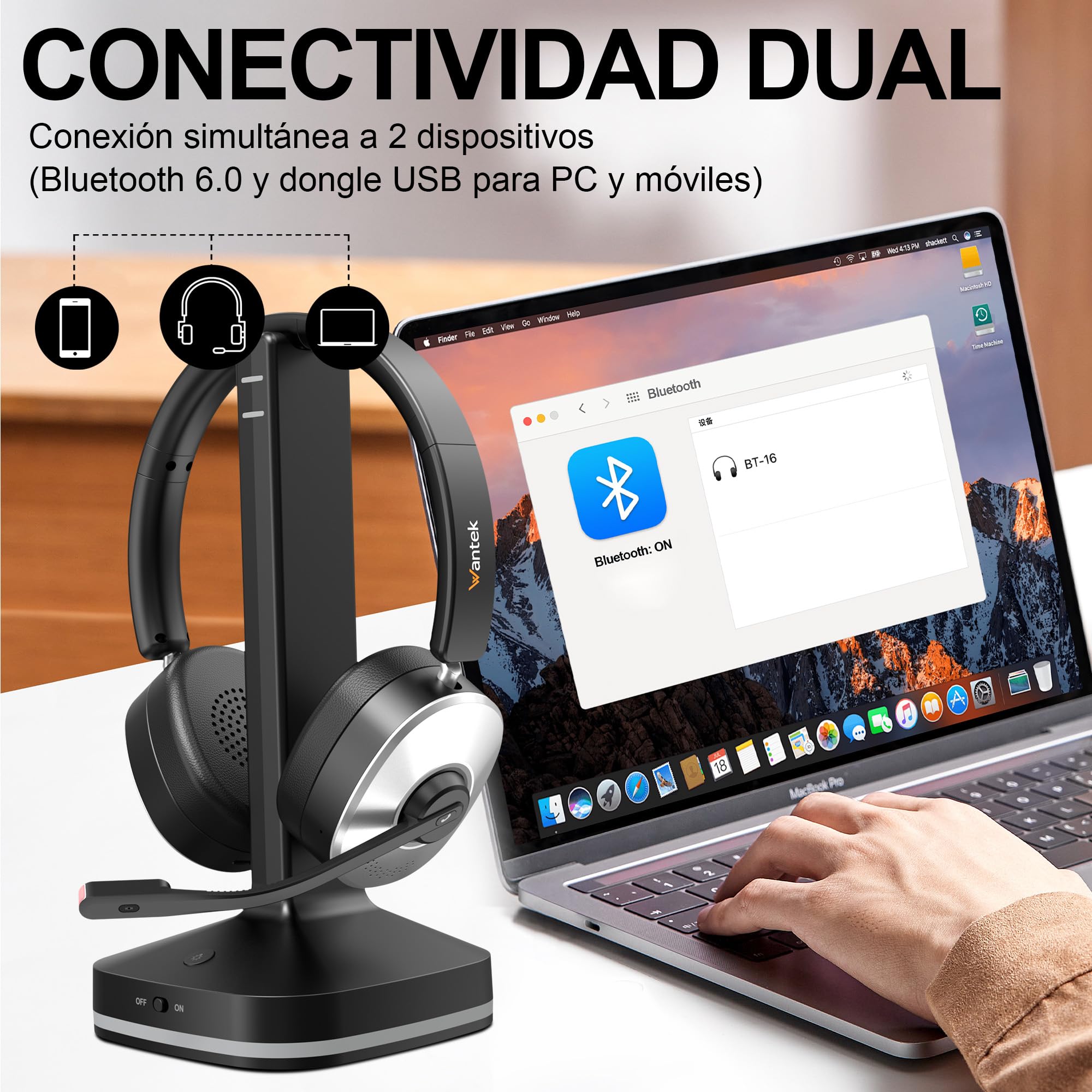 Wantek Auriculares Bluetooth inalámbricos con Micrófono para PC Laptop | Micrófono con Cancelación de Ruido,Dongle USB & estación de Carg,Botón de Silencio para Oficina,Teletrabajo,Teams zoom