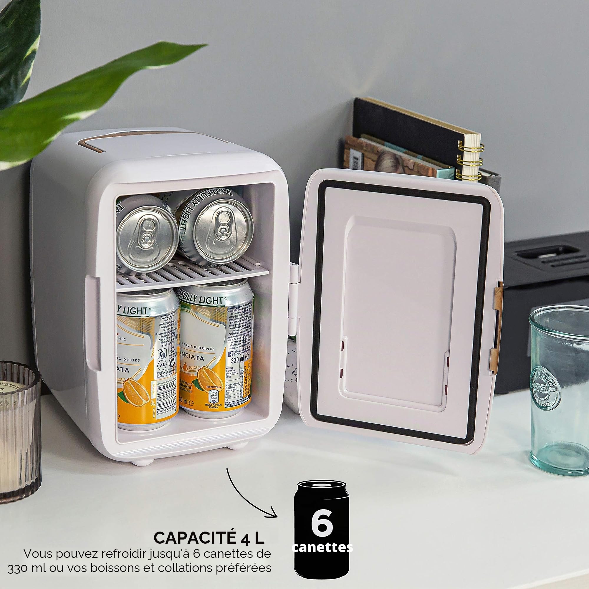 Russell Hobbs RH4CLR1001SCW Mini refroidisseur portable et chauffe-canettes pour boissons, cosmétiques, maquillage, soins de la peau, alimentation AC/DC, style Scandi, blanc et effet bois, pour